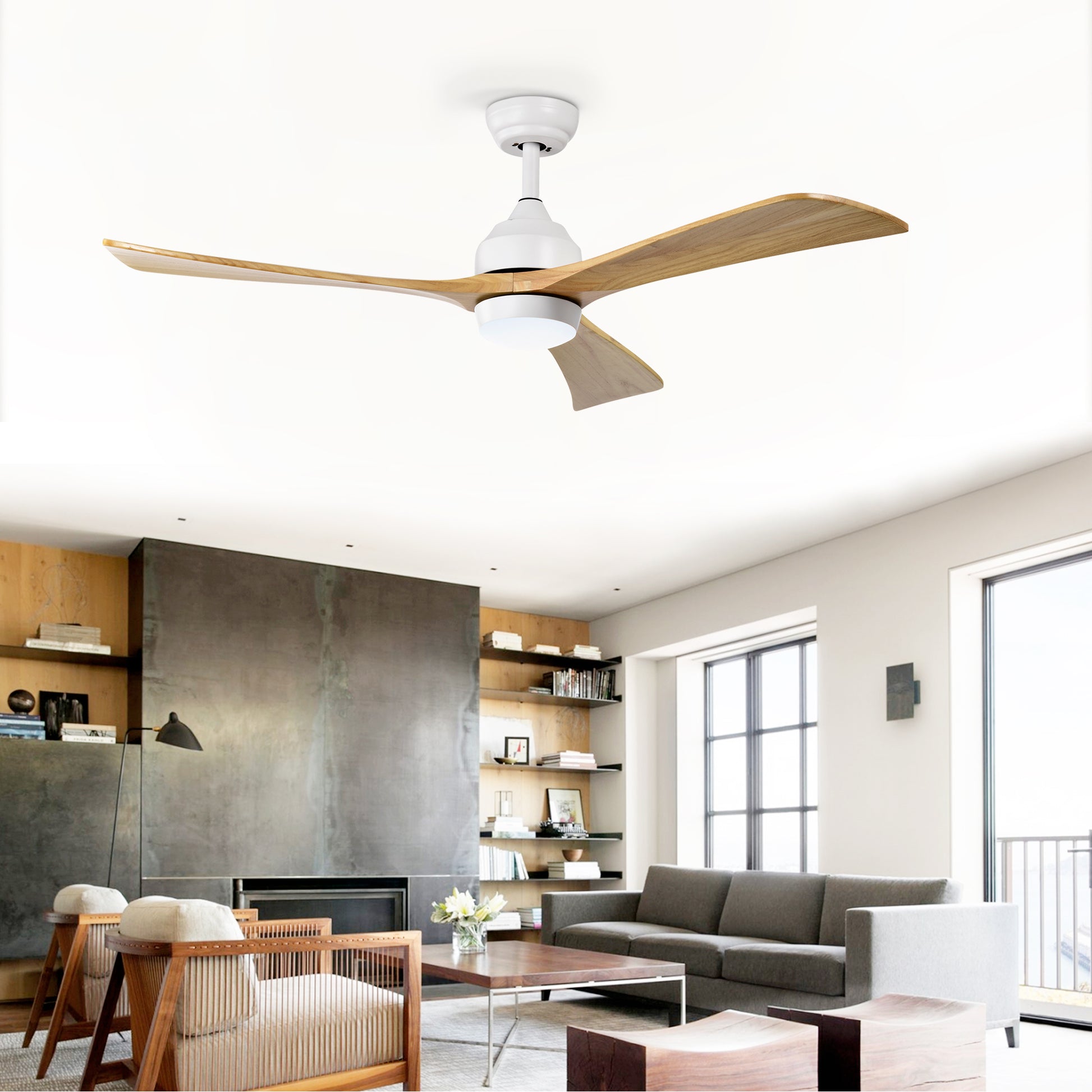 Modern white ceiling fan with natural wood blades and integrated LED light