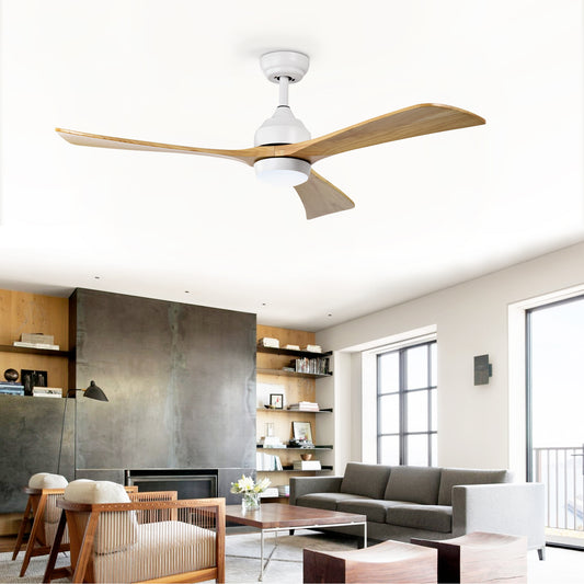 Modern white ceiling fan with natural wood blades and integrated LED light