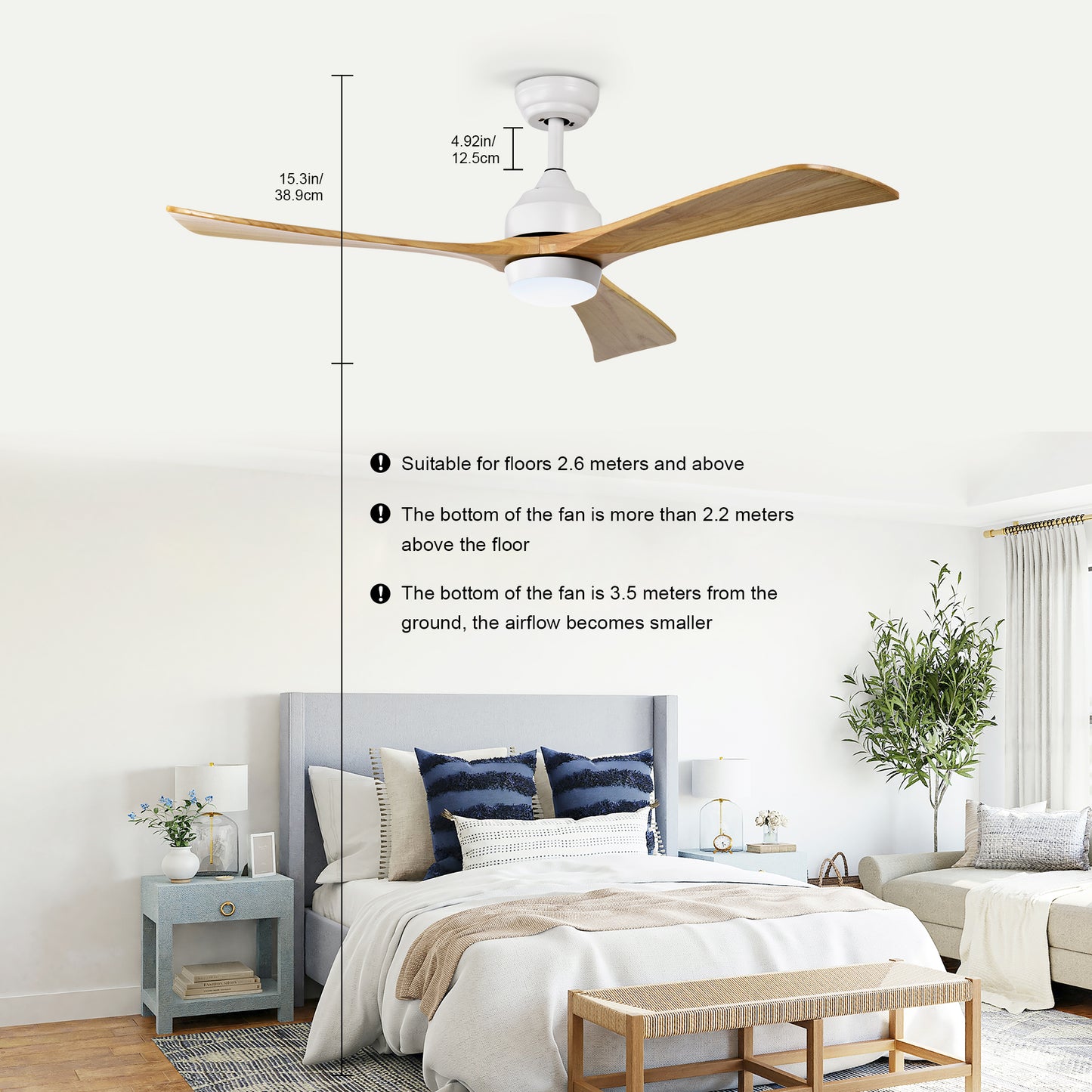 White ceiling fan with three woodgrain blades and integrated LED light