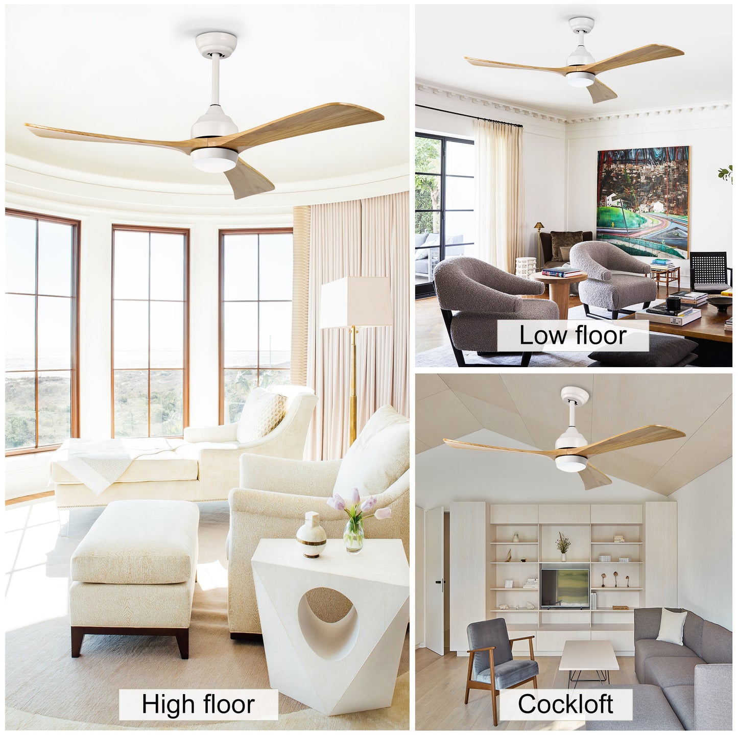 Modern white ceiling fan with natural wood blades and integrated LED light