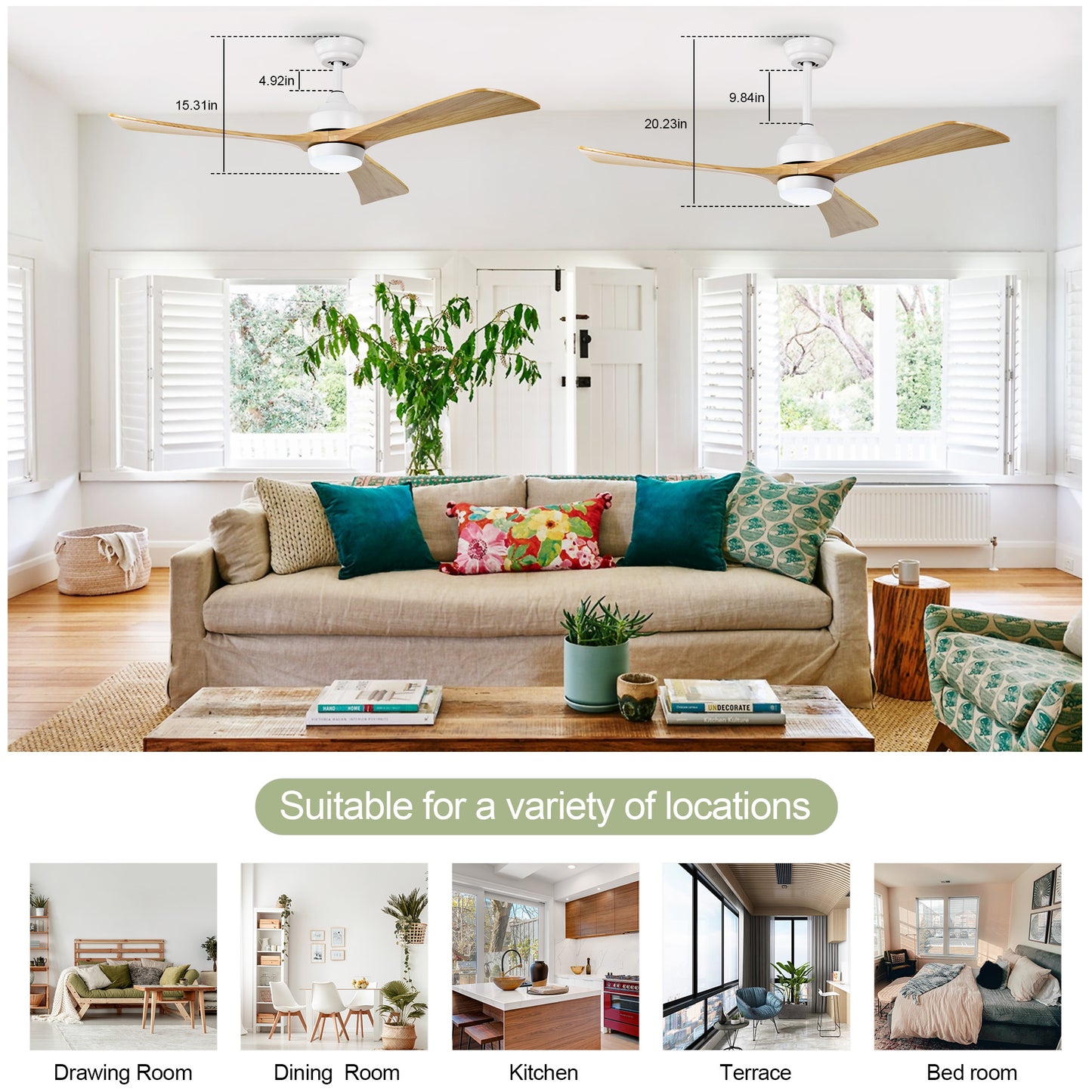 Modern white ceiling fan with natural wood blades and integrated LED light