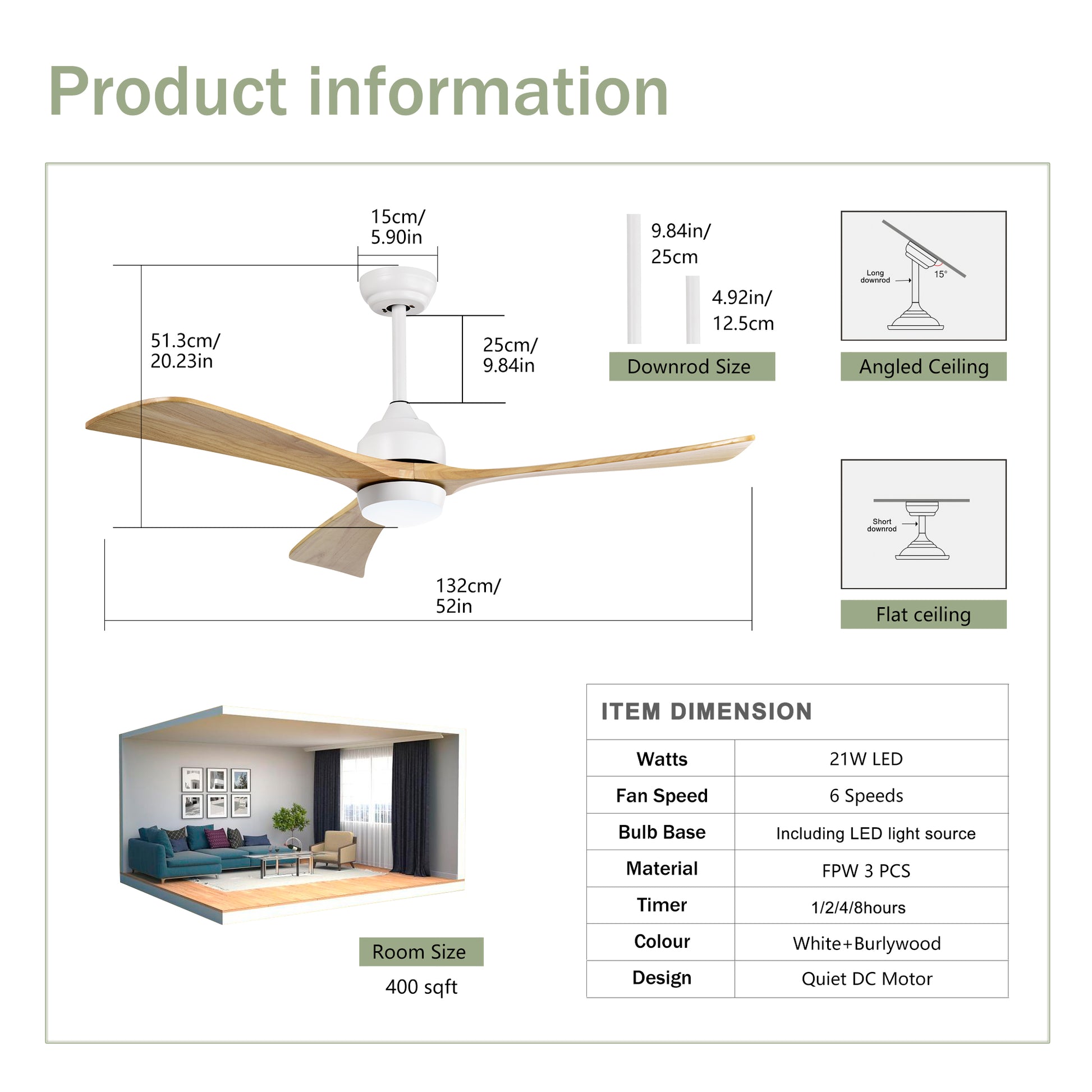 White DC motor ceiling fan with light and three wooden blades
