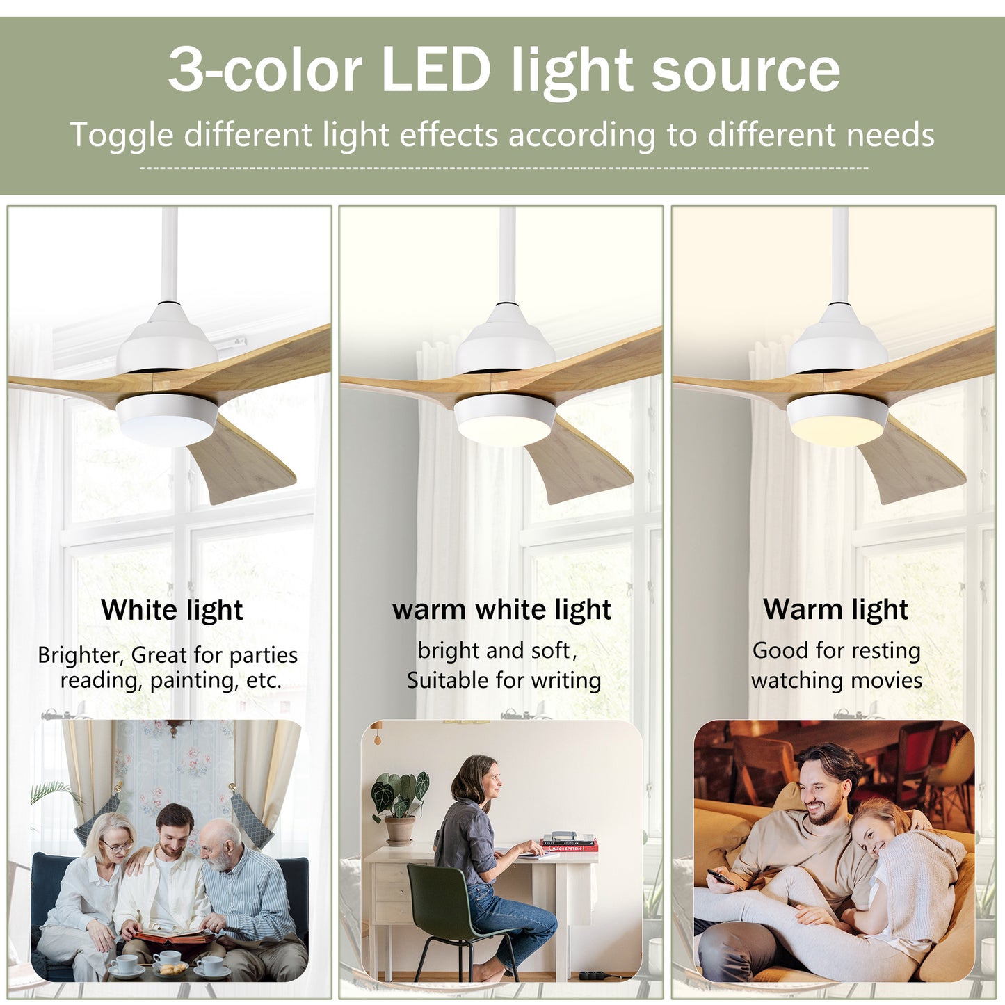 Modern white ceiling fan with natural wood blades and integrated LED light in bright white