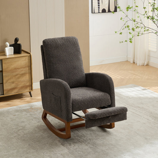 Cozy dark grey teddy fabric recliner chair with wooden rocking base and extended footrest