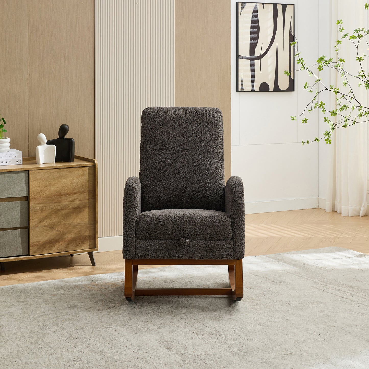 Dark gray boucle fabric recliner chair with wooden rocking base and pull handle