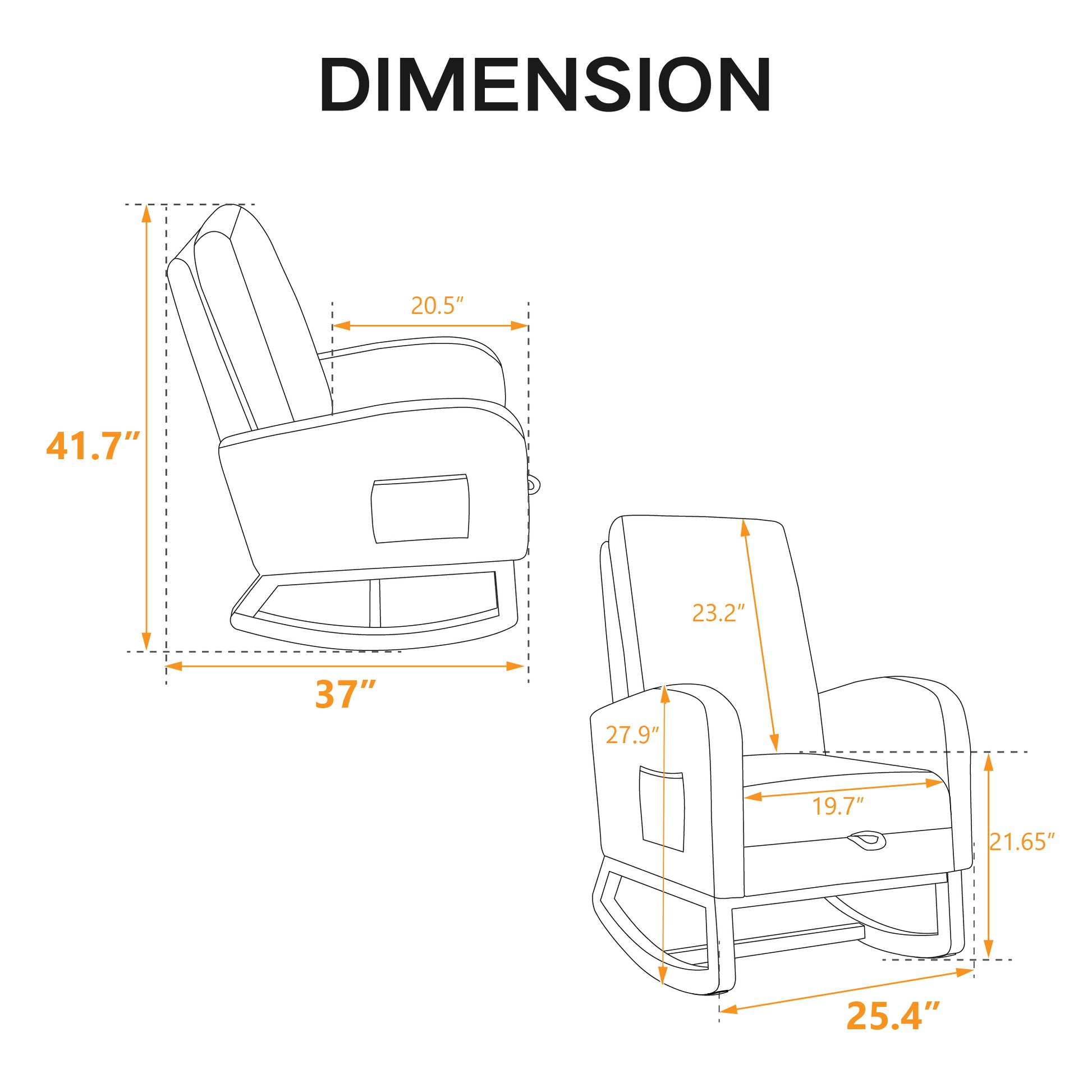 Diagram of a recliner chair showing dimensions height  inches width  inches