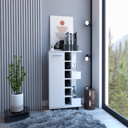 Modern white rolling bar cart with wine rack and storage cabinet