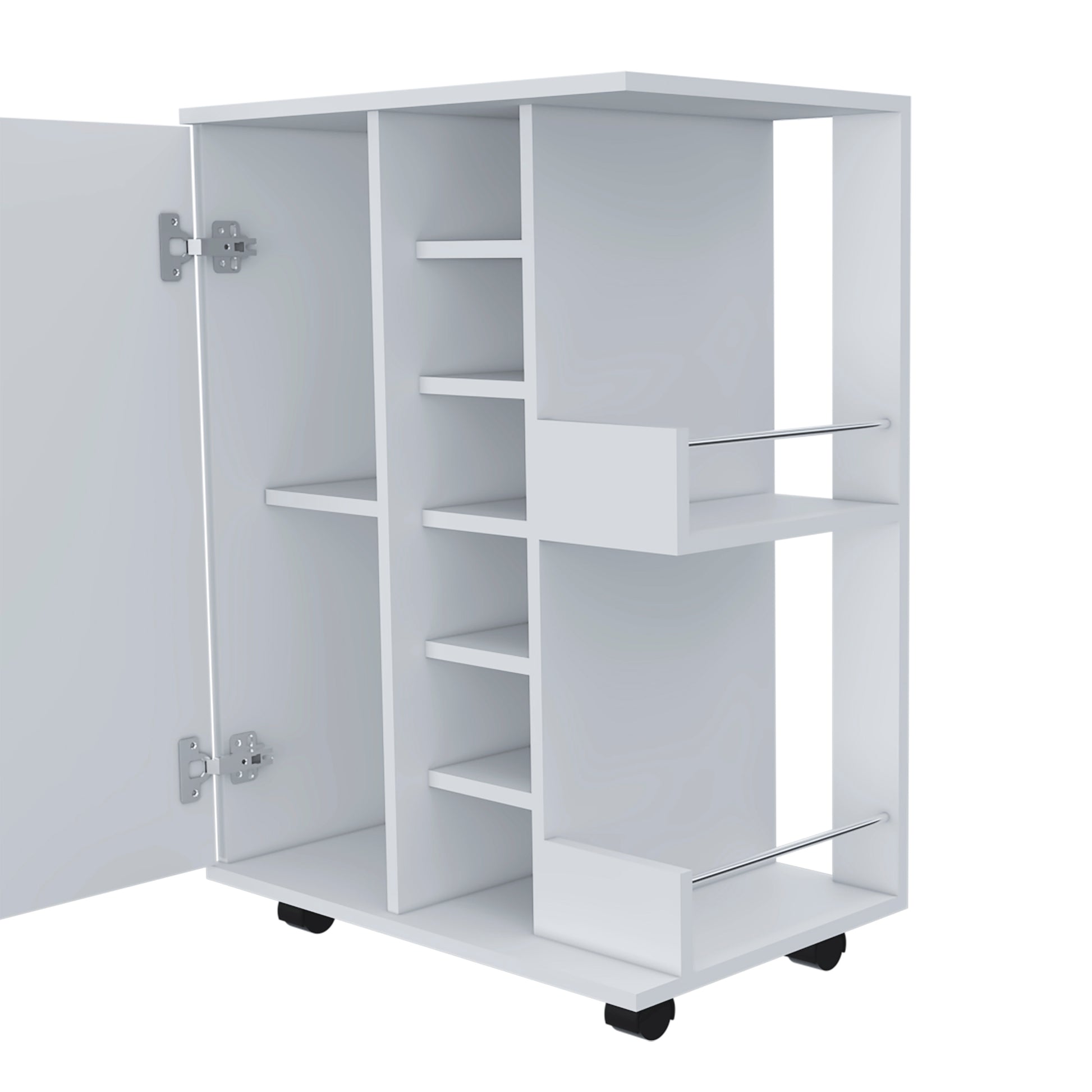 White mobile storage cabinet with open door and multiple shelves