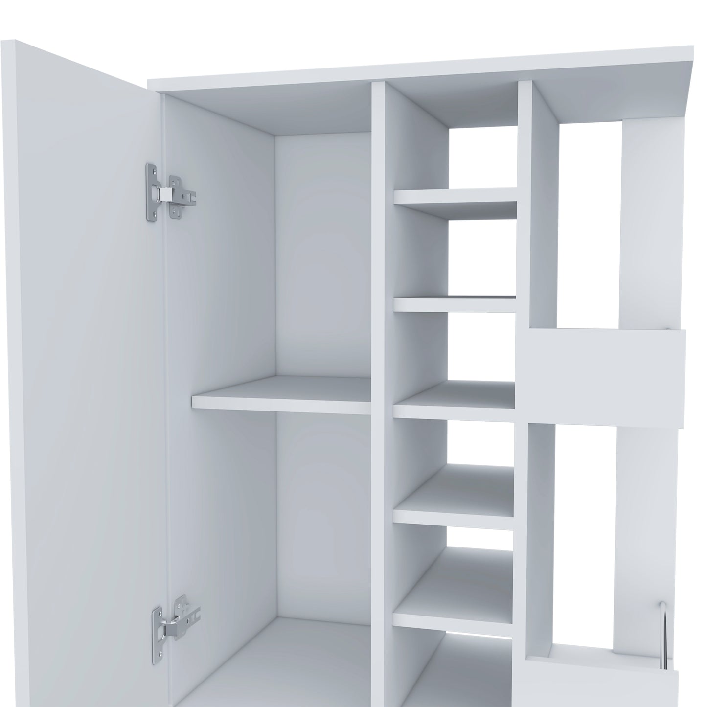 White open cabinet with shelves and hinges