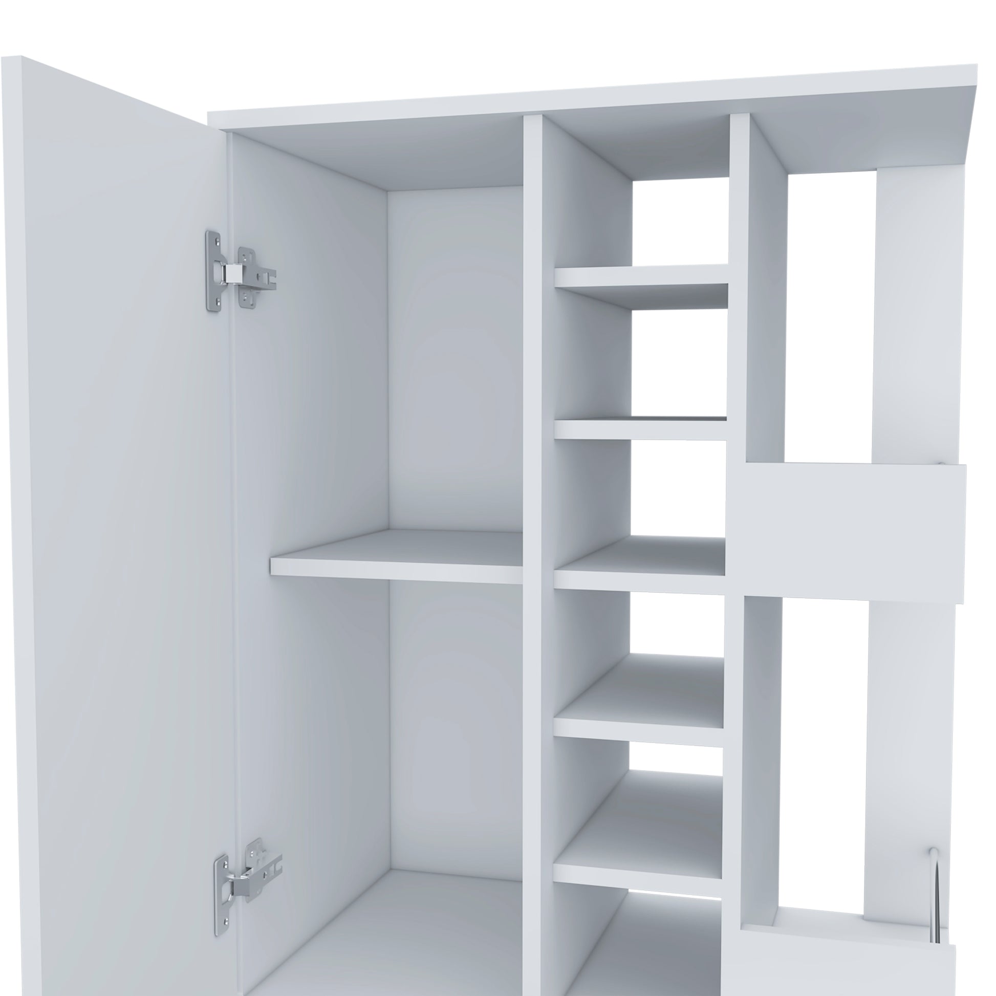 White open cabinet with shelves and hinges