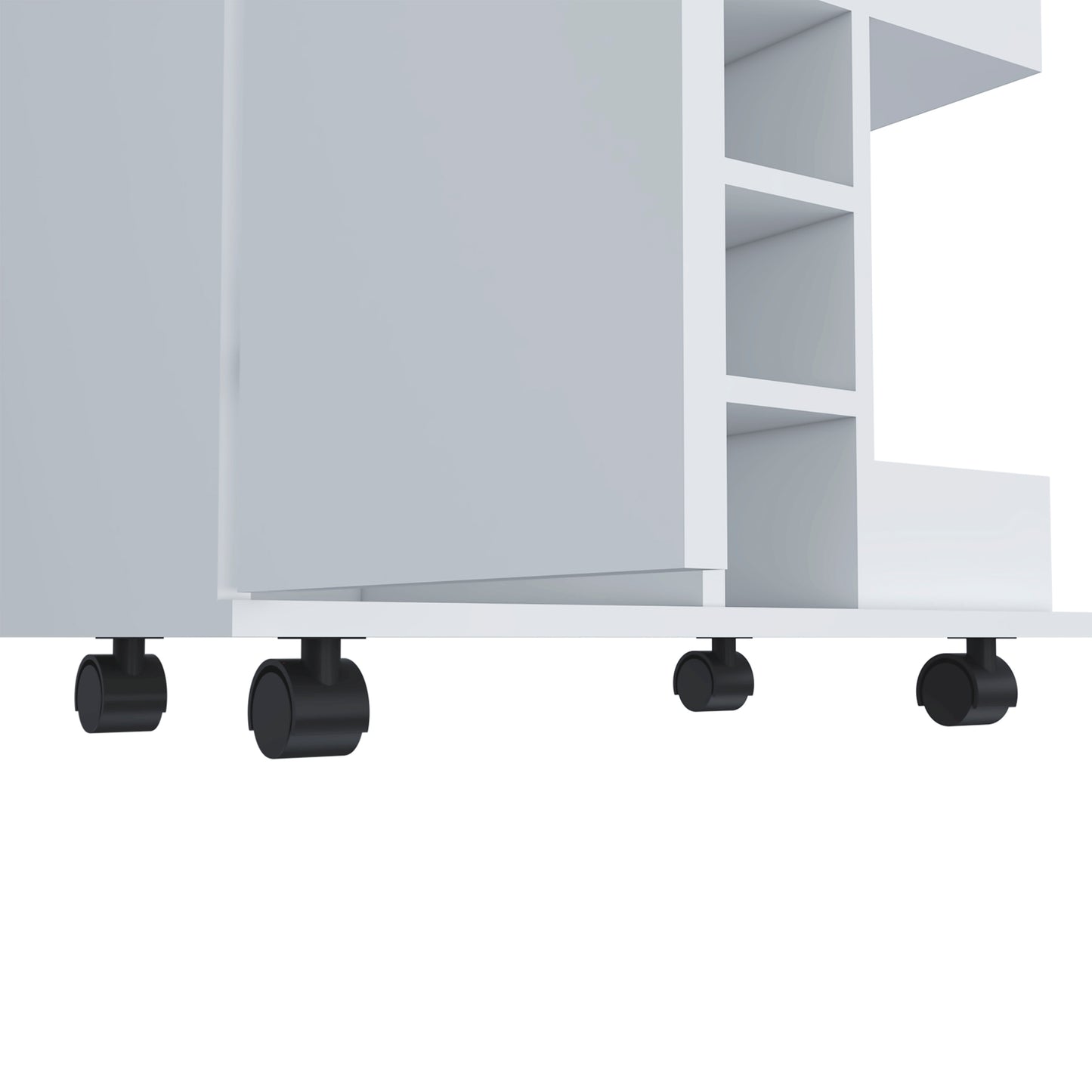 White modern storage unit with black swivel casters