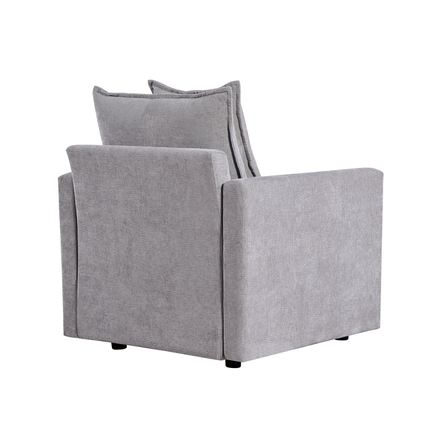 Rear view of a grey textured fabric armchair with plush back cushions