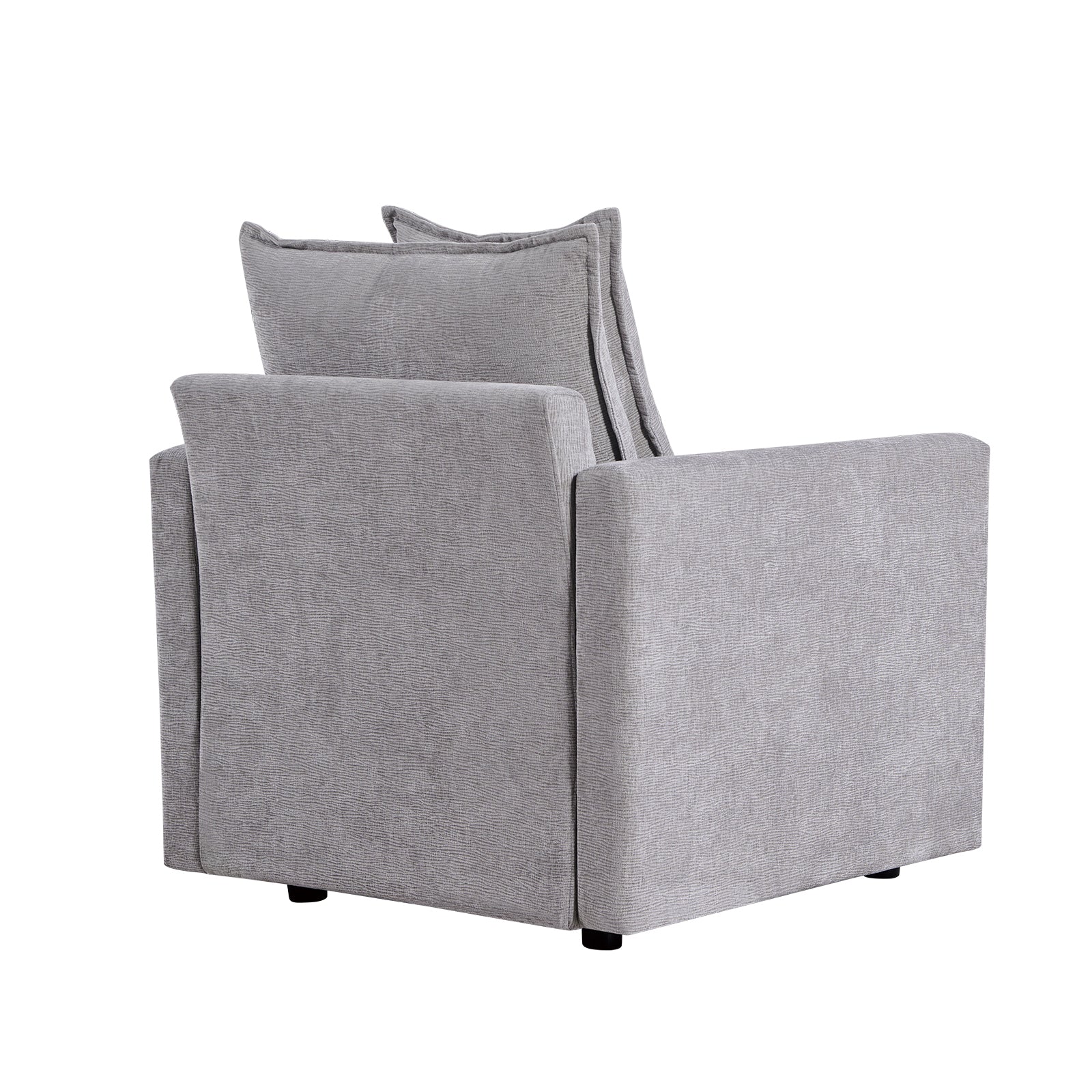 Rear view of a grey textured fabric armchair with plush back cushions