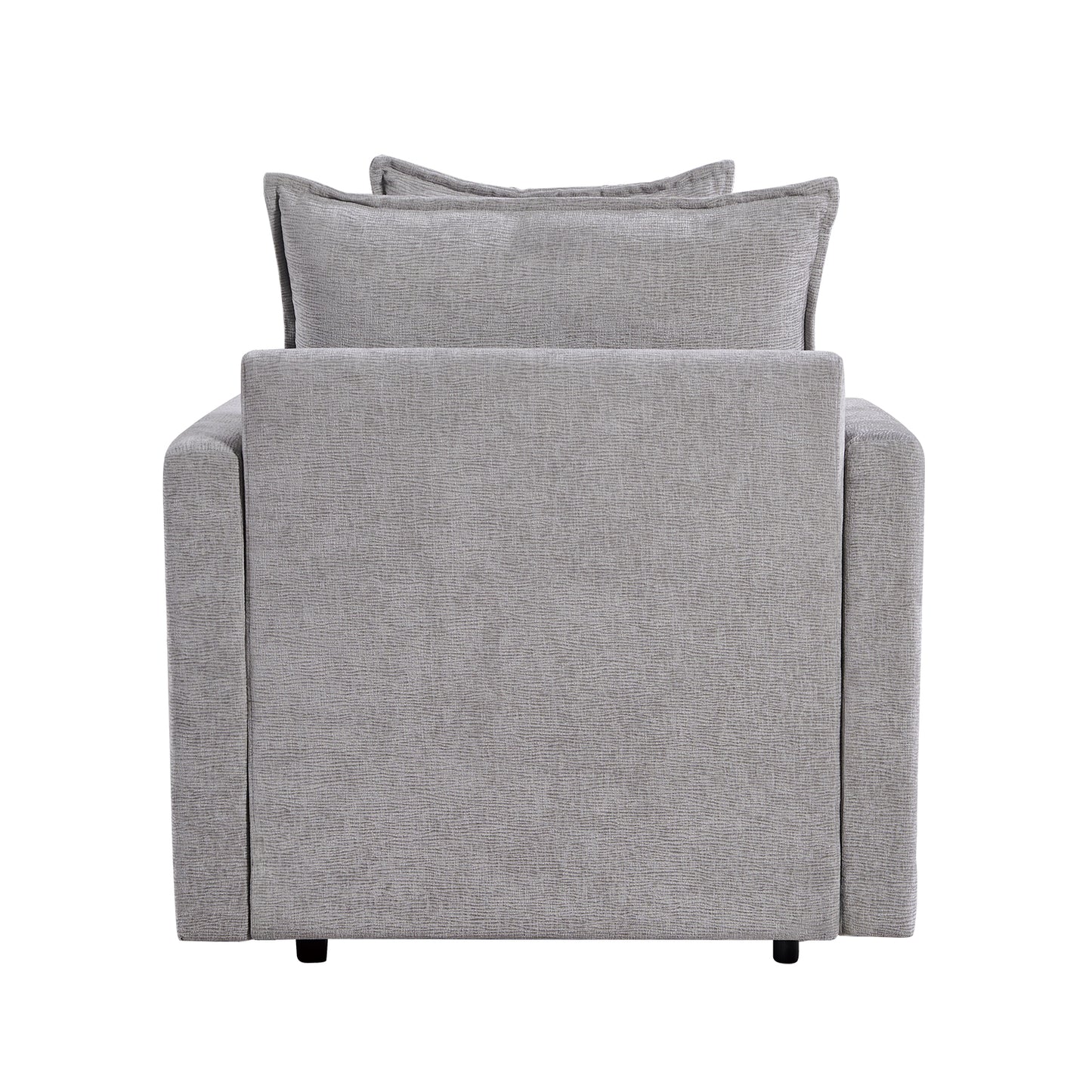 Gray upholstered armchair with textured fabric and removable back pillows