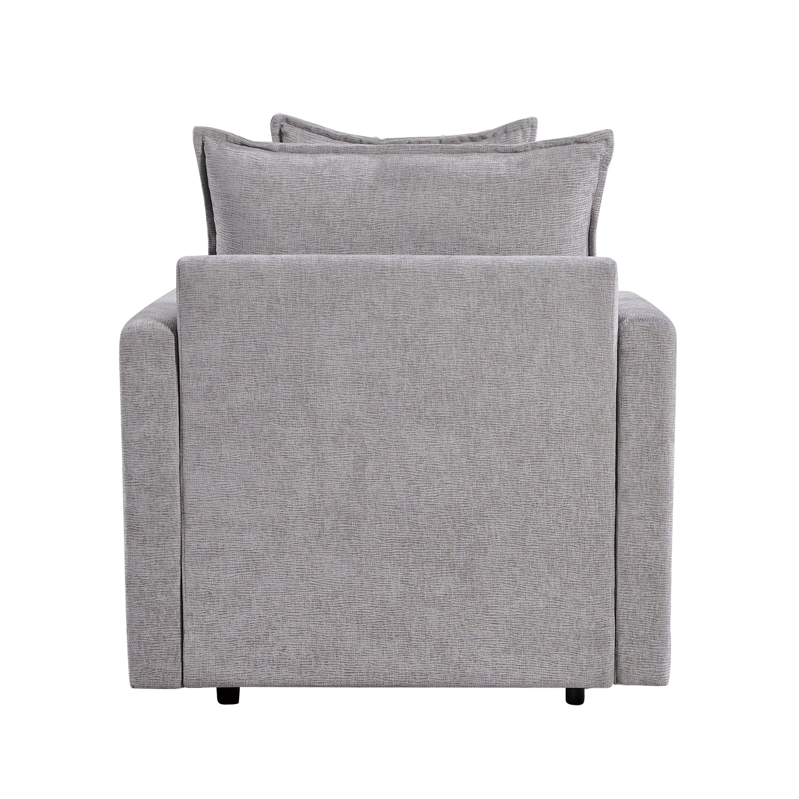 Gray upholstered armchair with textured fabric and removable back pillows