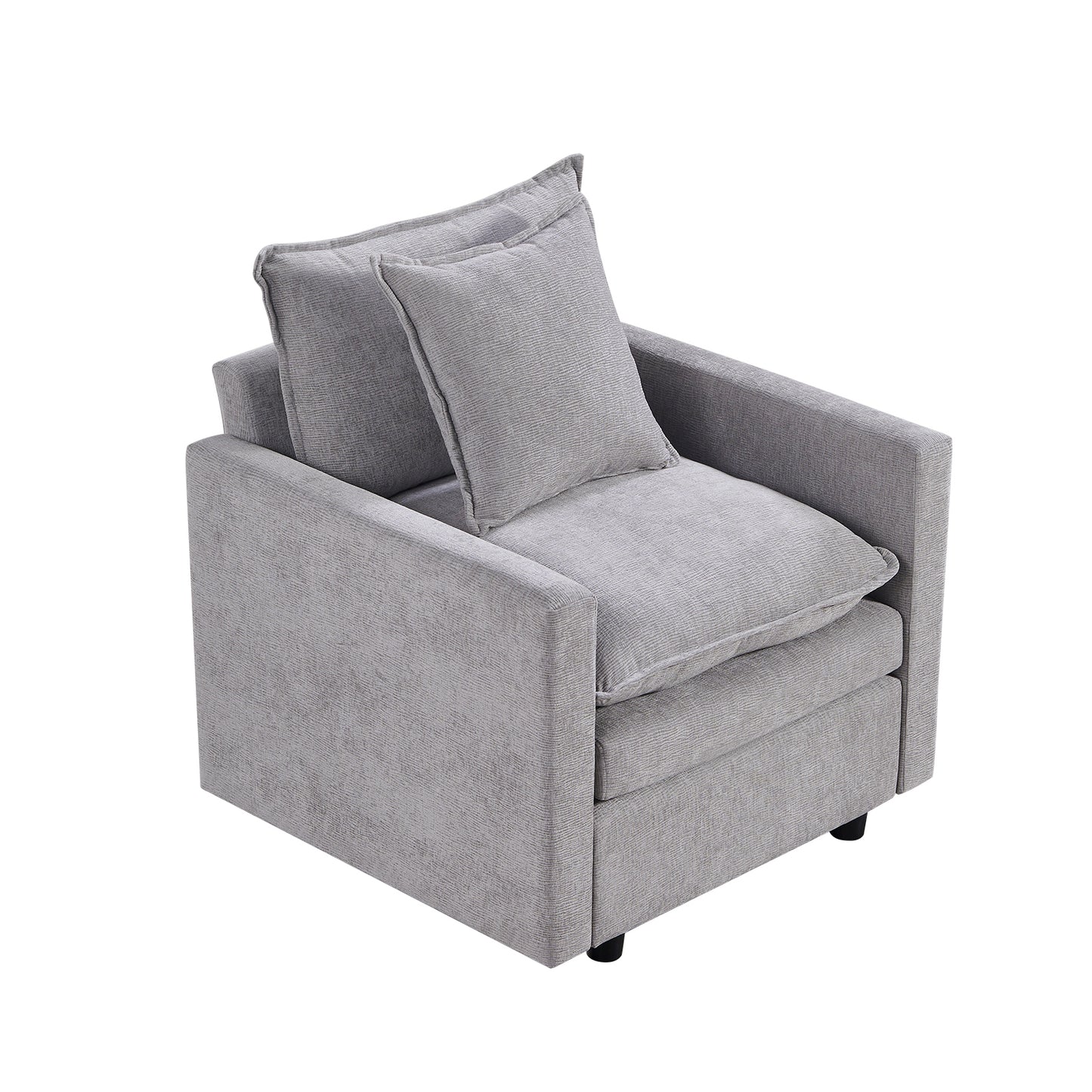 Plush gray fabric armchair with a supportive back cushion and a comfortable seat cushion