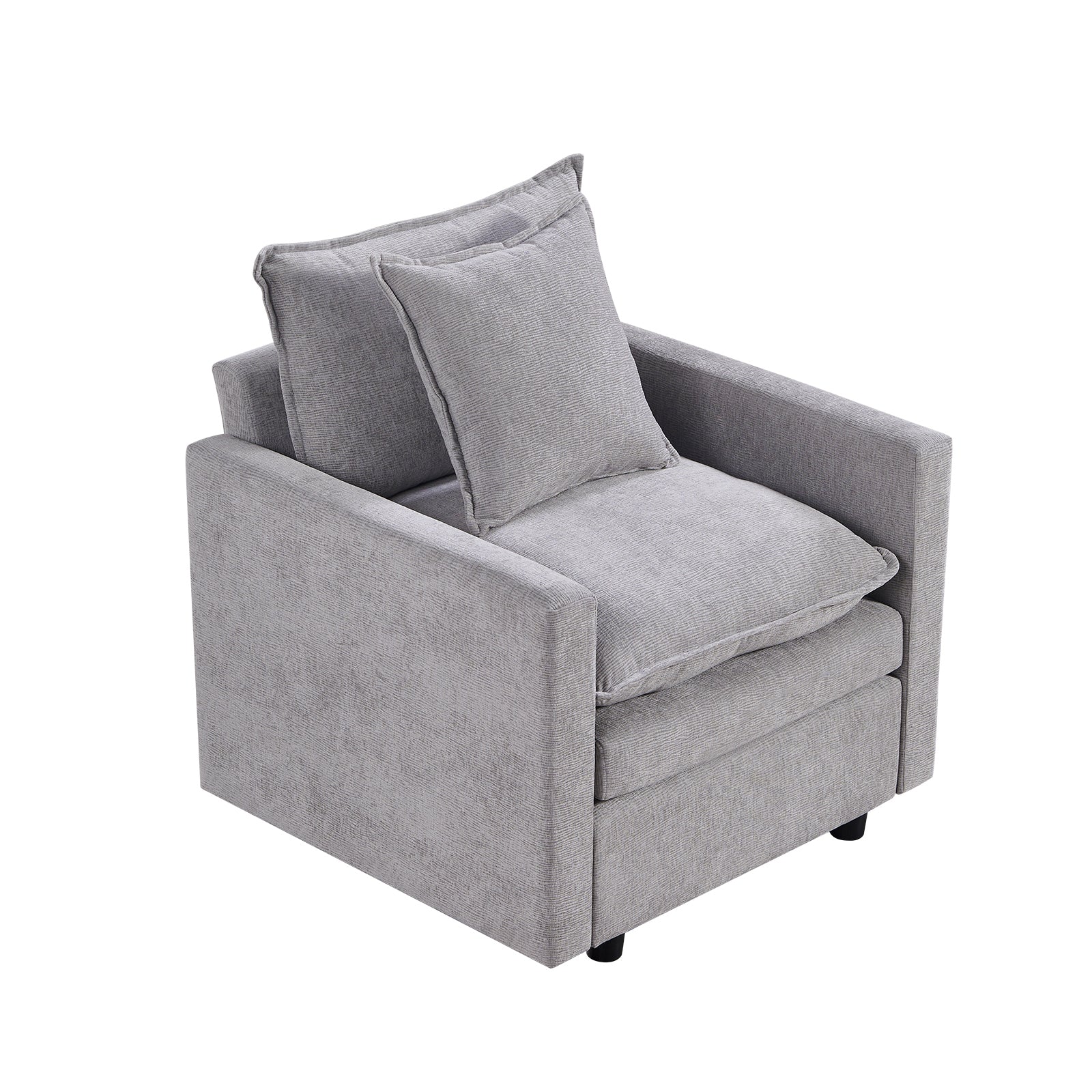 Plush gray fabric armchair with a supportive back cushion and a comfortable seat cushion
