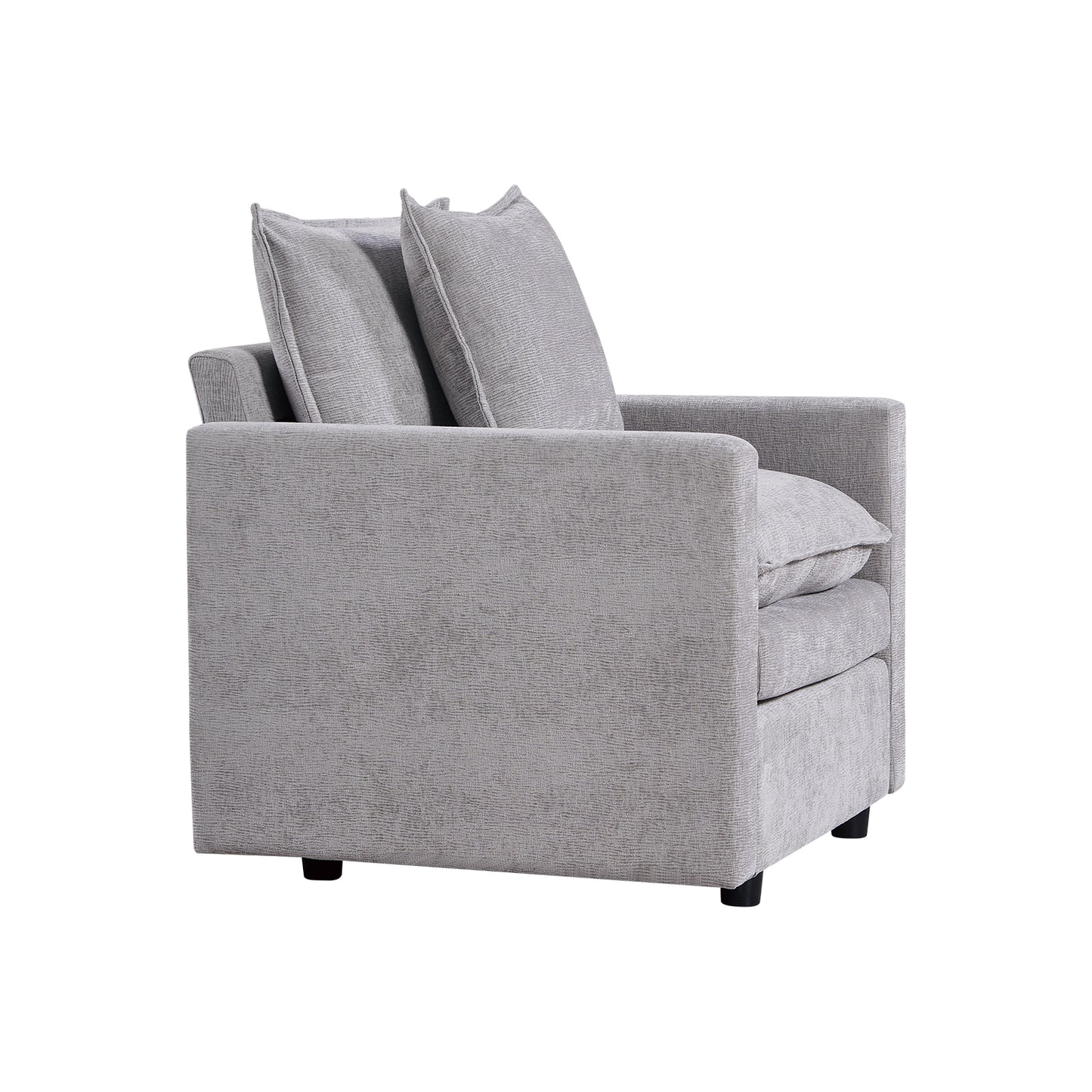 Modern grey fabric armchair with plush throw pillows perfect for cozy living rooms