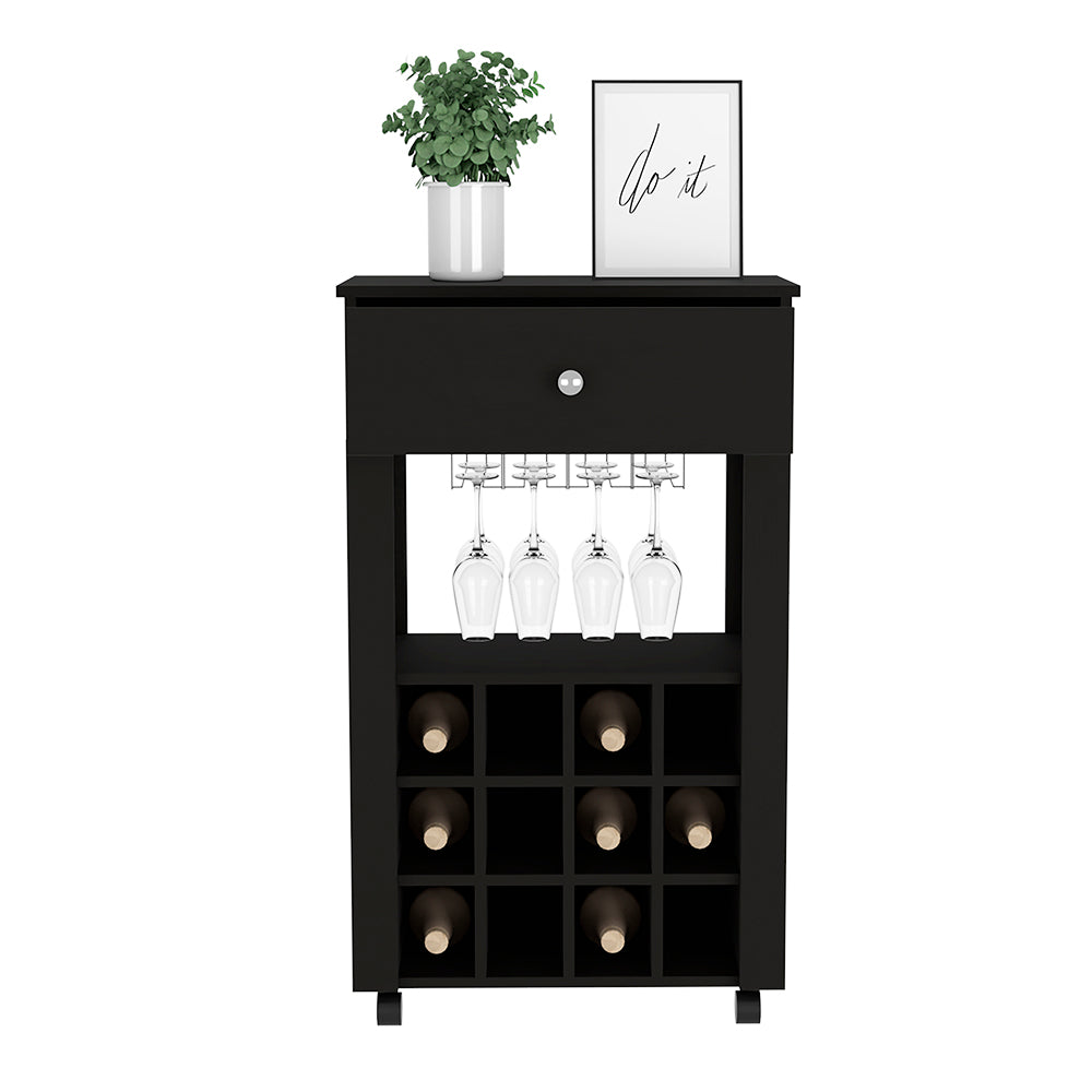 Black wine cabinet with glass rack and nine bottle cubbies