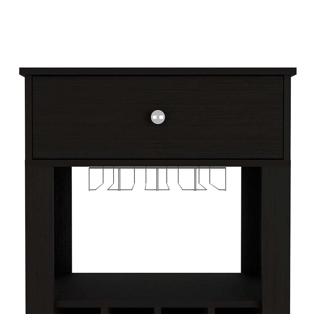 Black wooden bar cart with drawer and glass rack