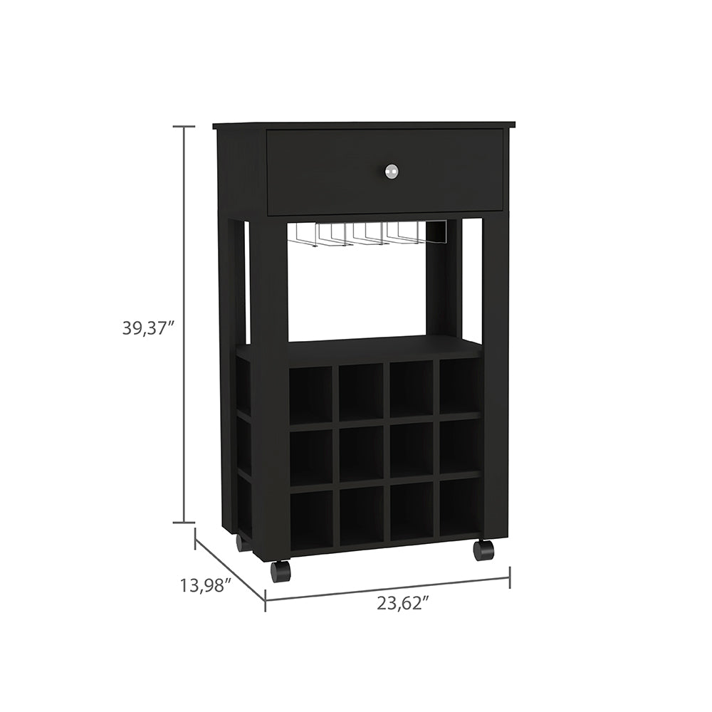 Black kitchen cart with drawer and wine rack