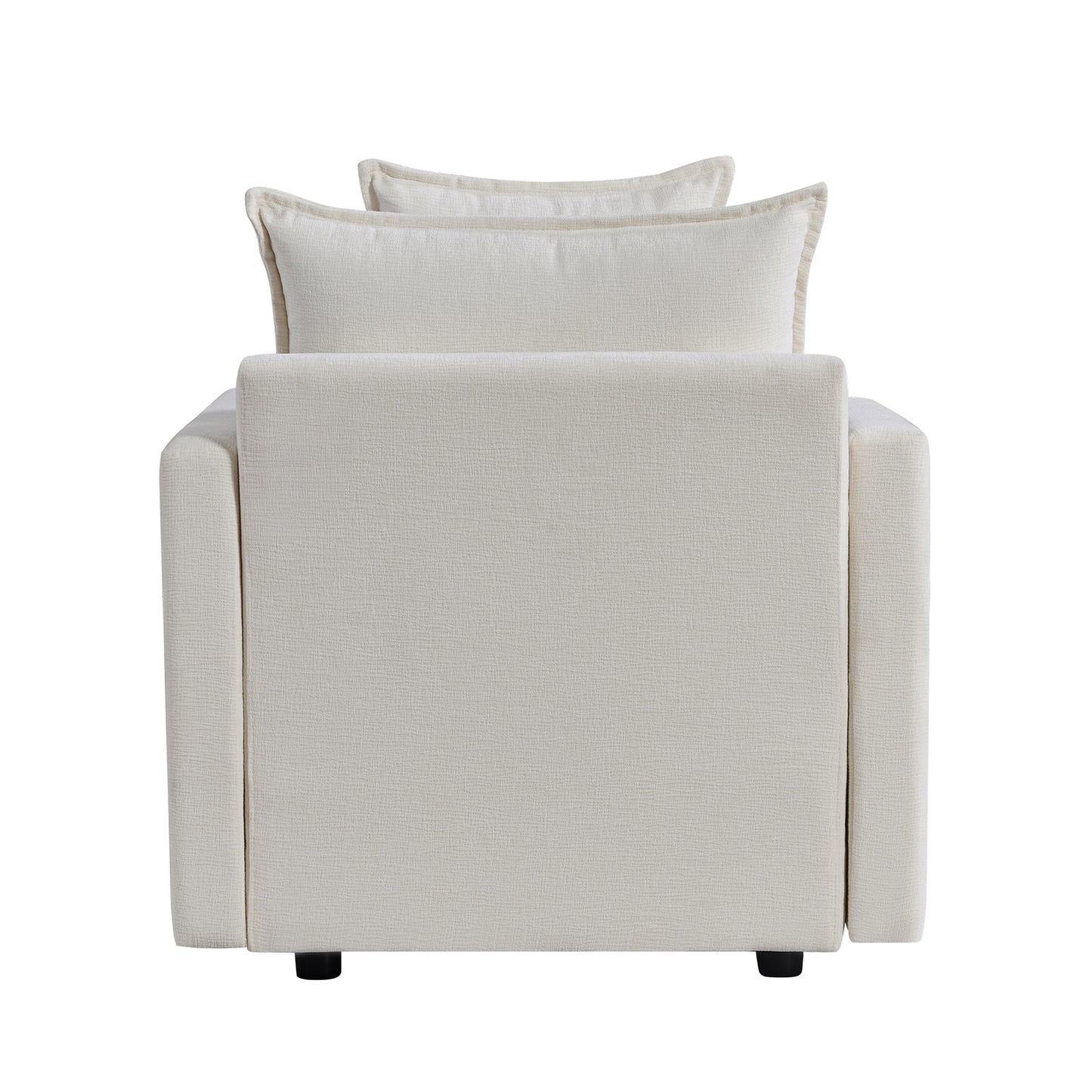 Cream fabric armchair with plush back cushions and squared arms