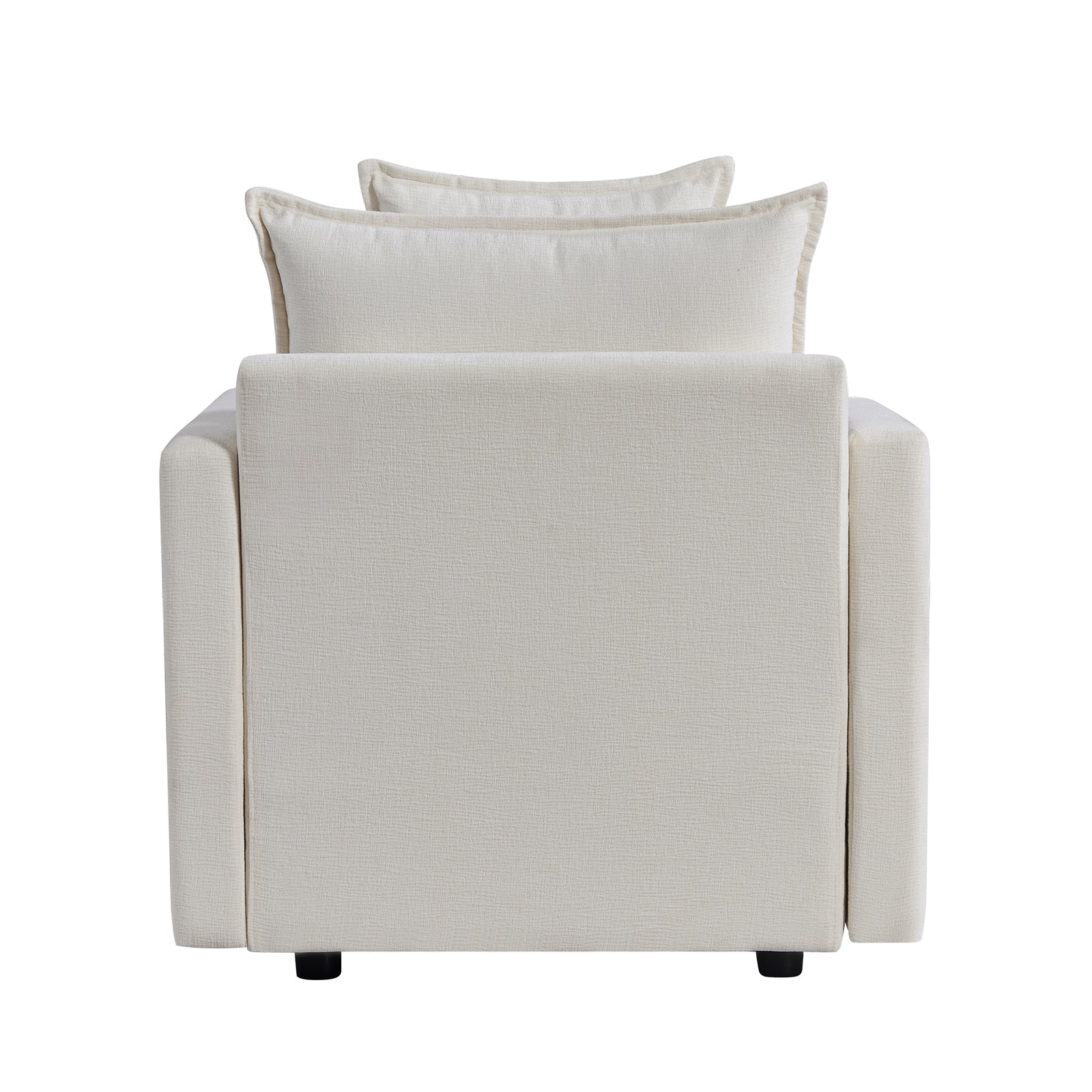 Cream fabric armchair with plush back cushions and squared arms