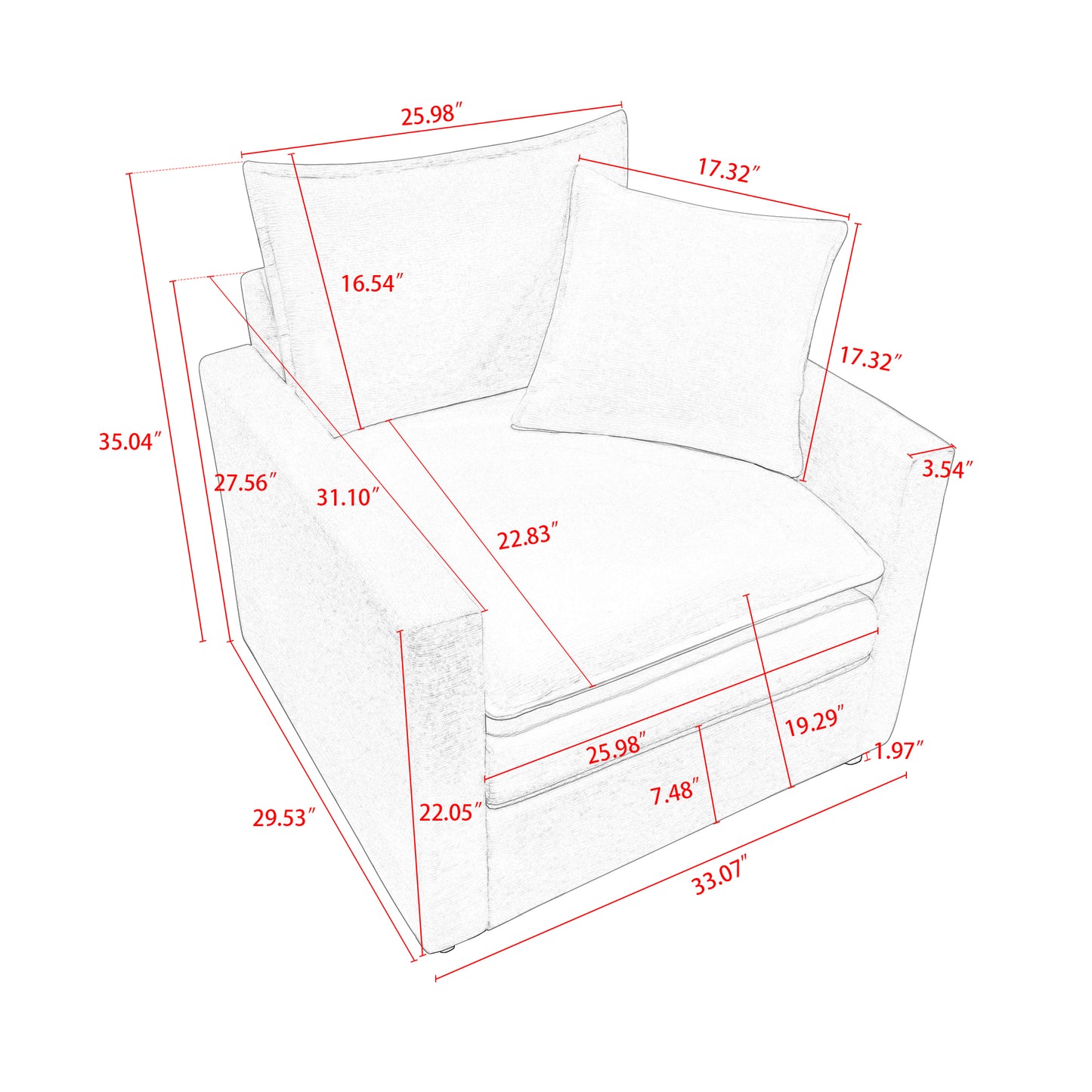 Line drawing of a modern accent chair with dimensions shown featuring plush cushioning