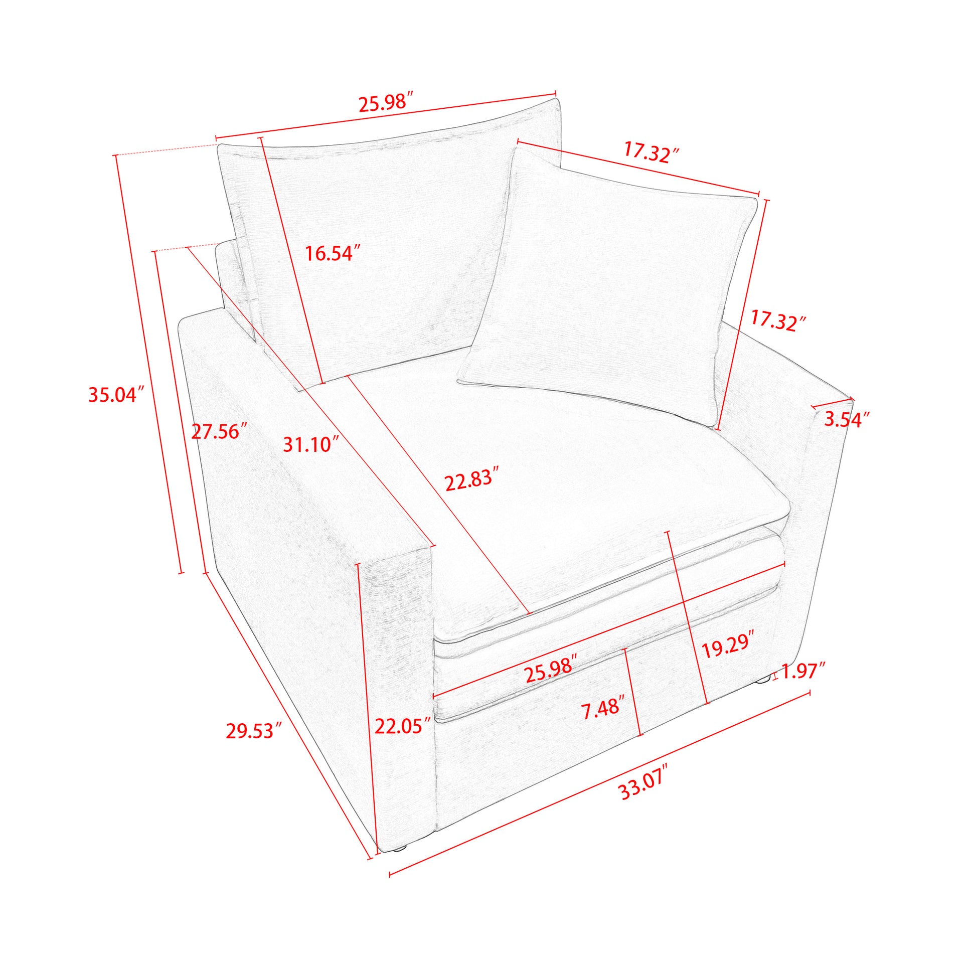 Line drawing of a modern accent chair with dimensions shown featuring plush cushioning