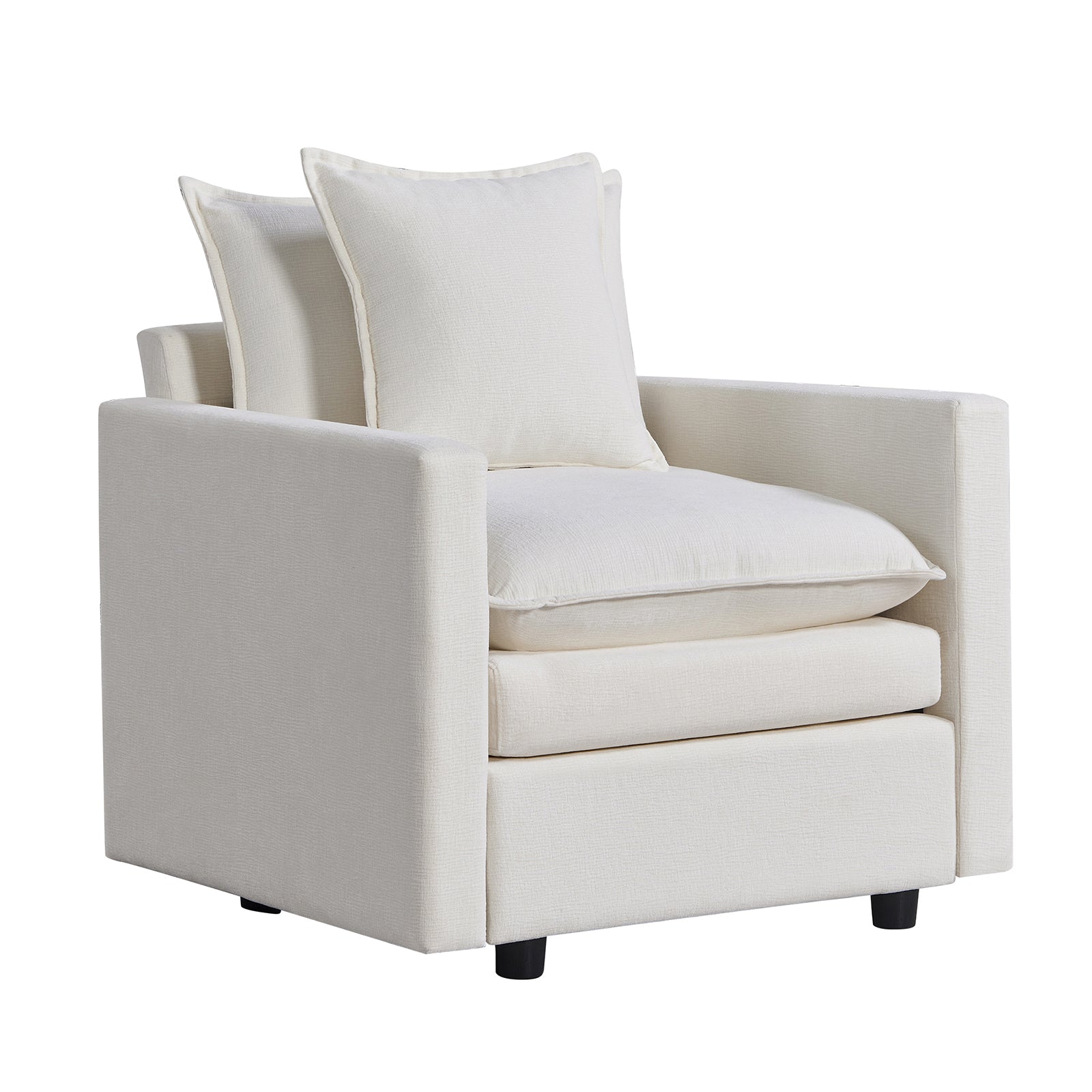 Cream fabric armchair with deep seat cushions and two matching throw pillows