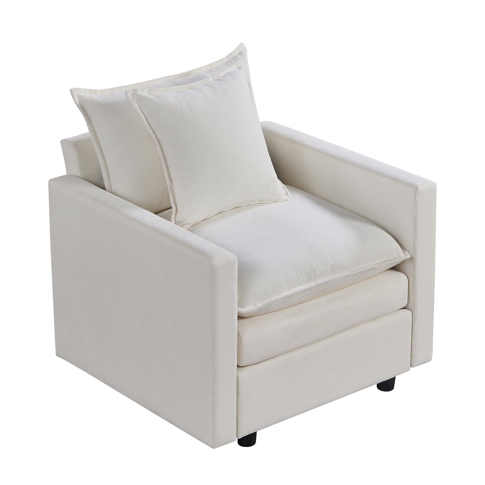 Cream textured armchair with thick seat cushion and lumbar pillow