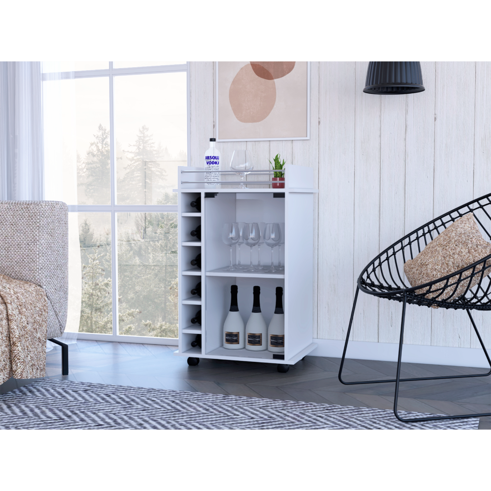 White mobile bar cart with wine rack and glass storage