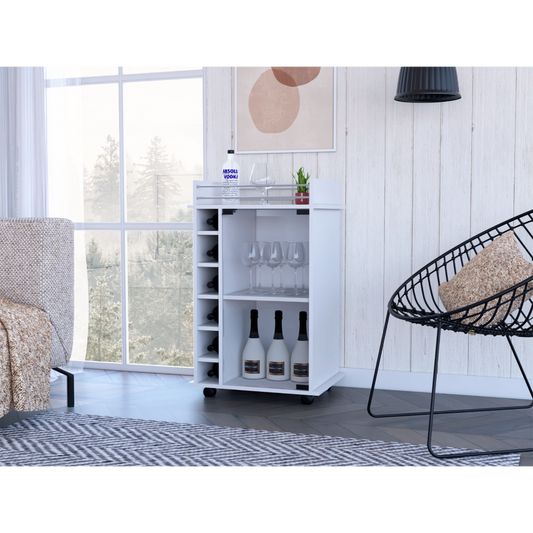 White mobile bar cart with wine rack and glass storage