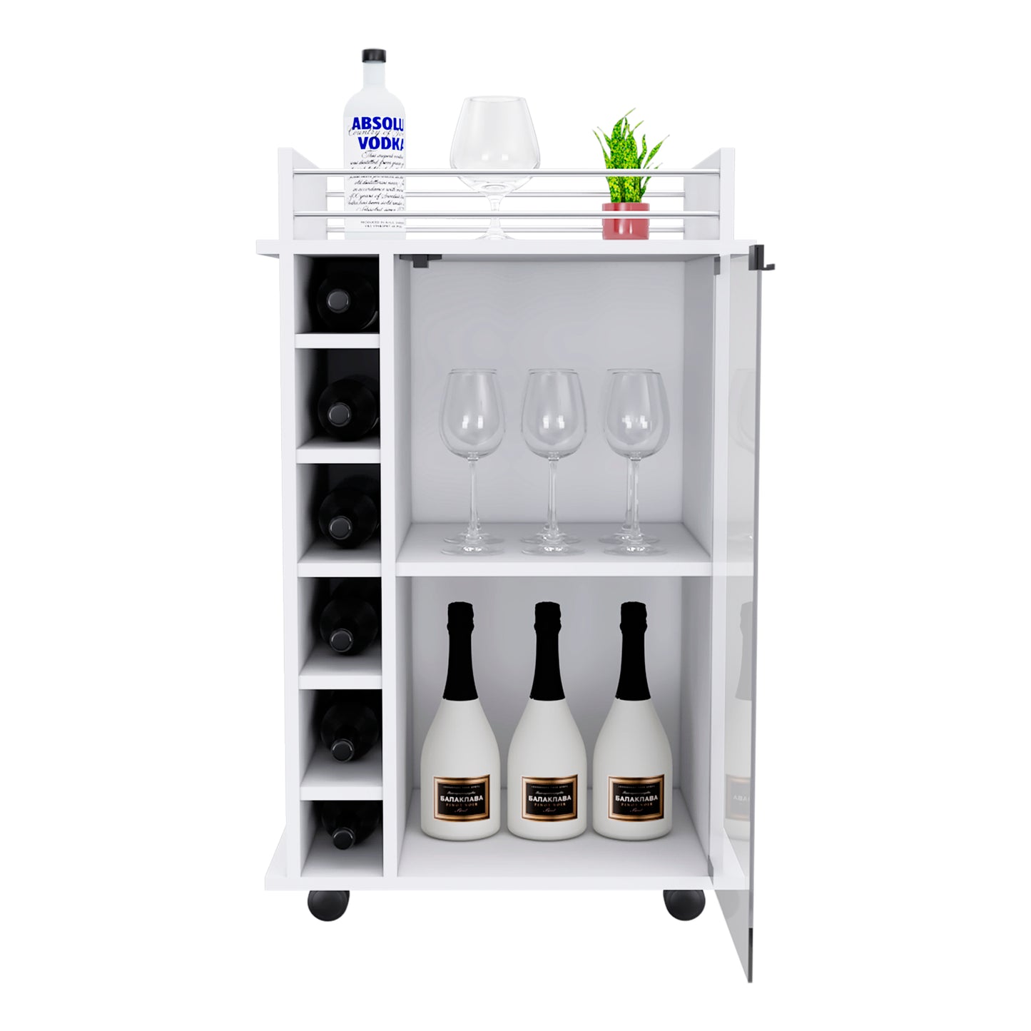 White mobile bar cart with bottle storage and glassware