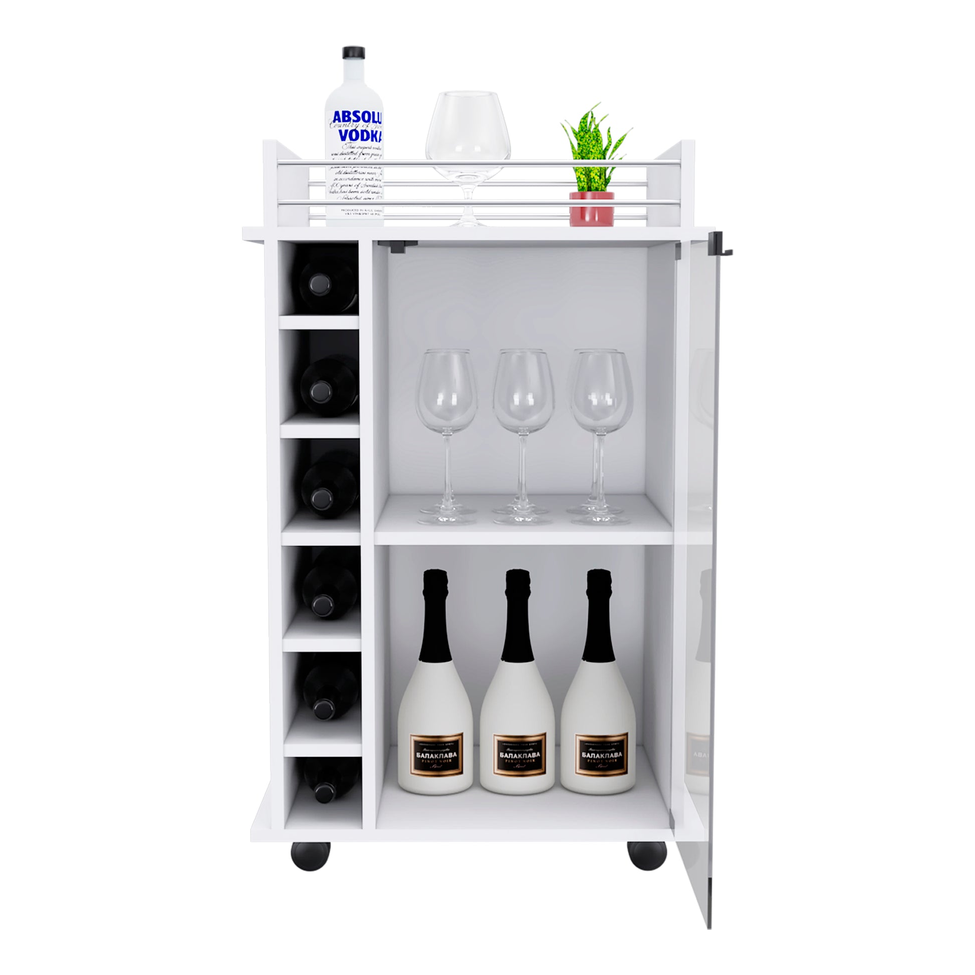 White mobile bar cart with bottle storage and glassware