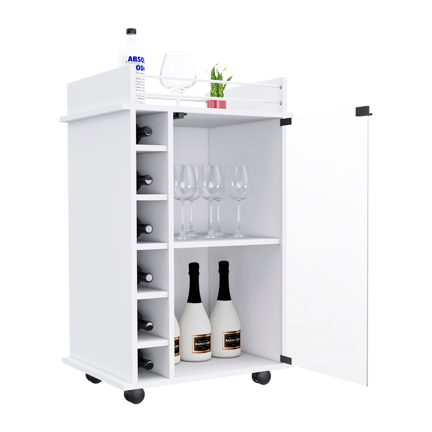 White rolling bar cart with wine rack and glass cabinet