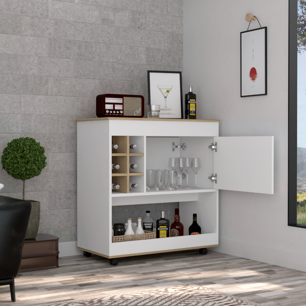 White bar cart with wine rack and glassware storage
