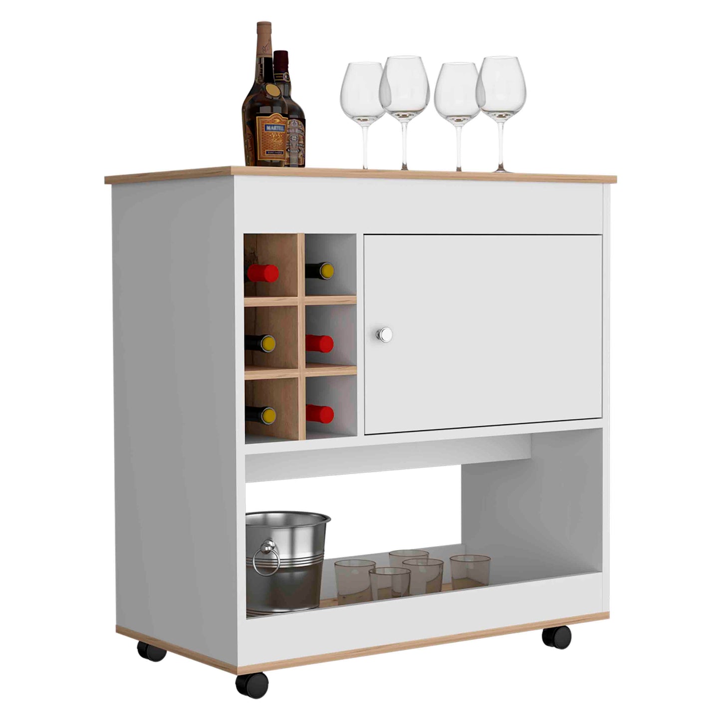 Modern white bar cart with wood trim and wine rack for home bar essentials