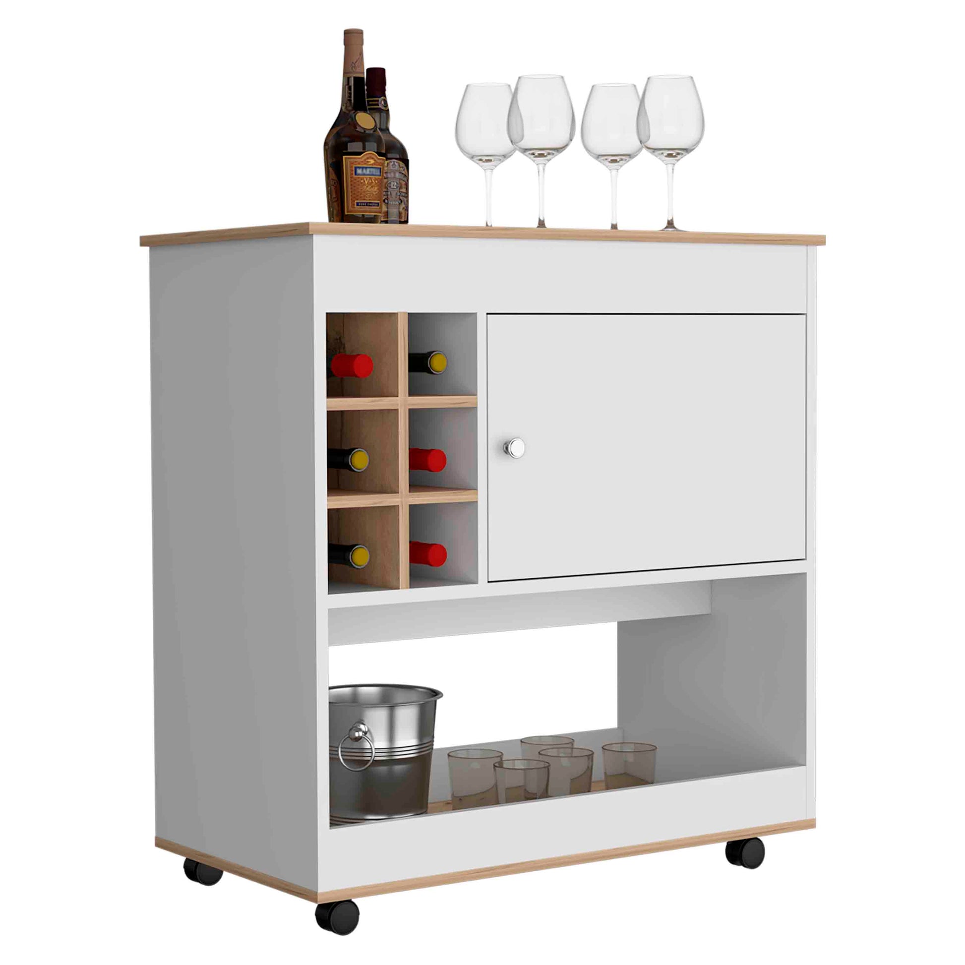 Modern white bar cart with wood trim and wine rack for home bar essentials