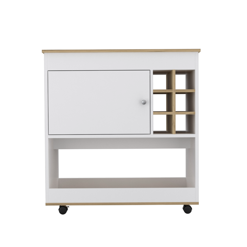 White and wood bar cart with six bottle slots