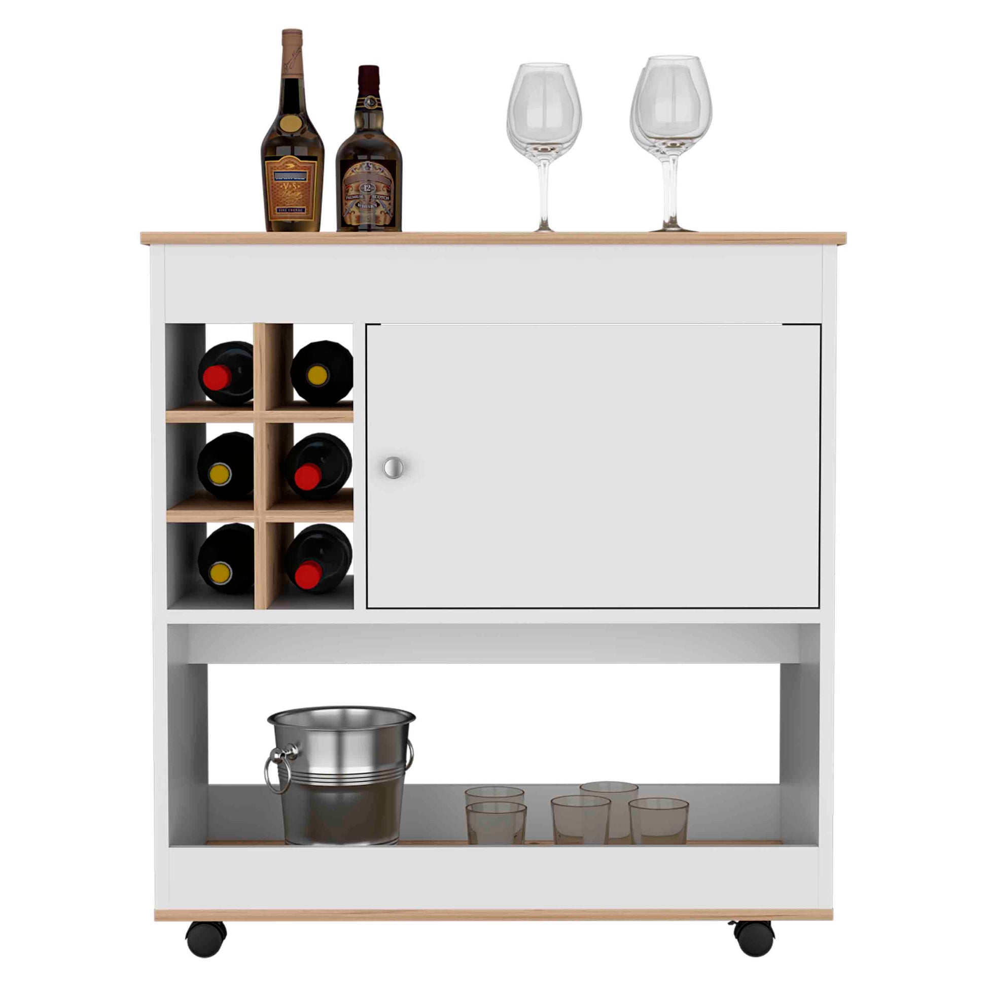 White and wood wine cart with bottles and glassware