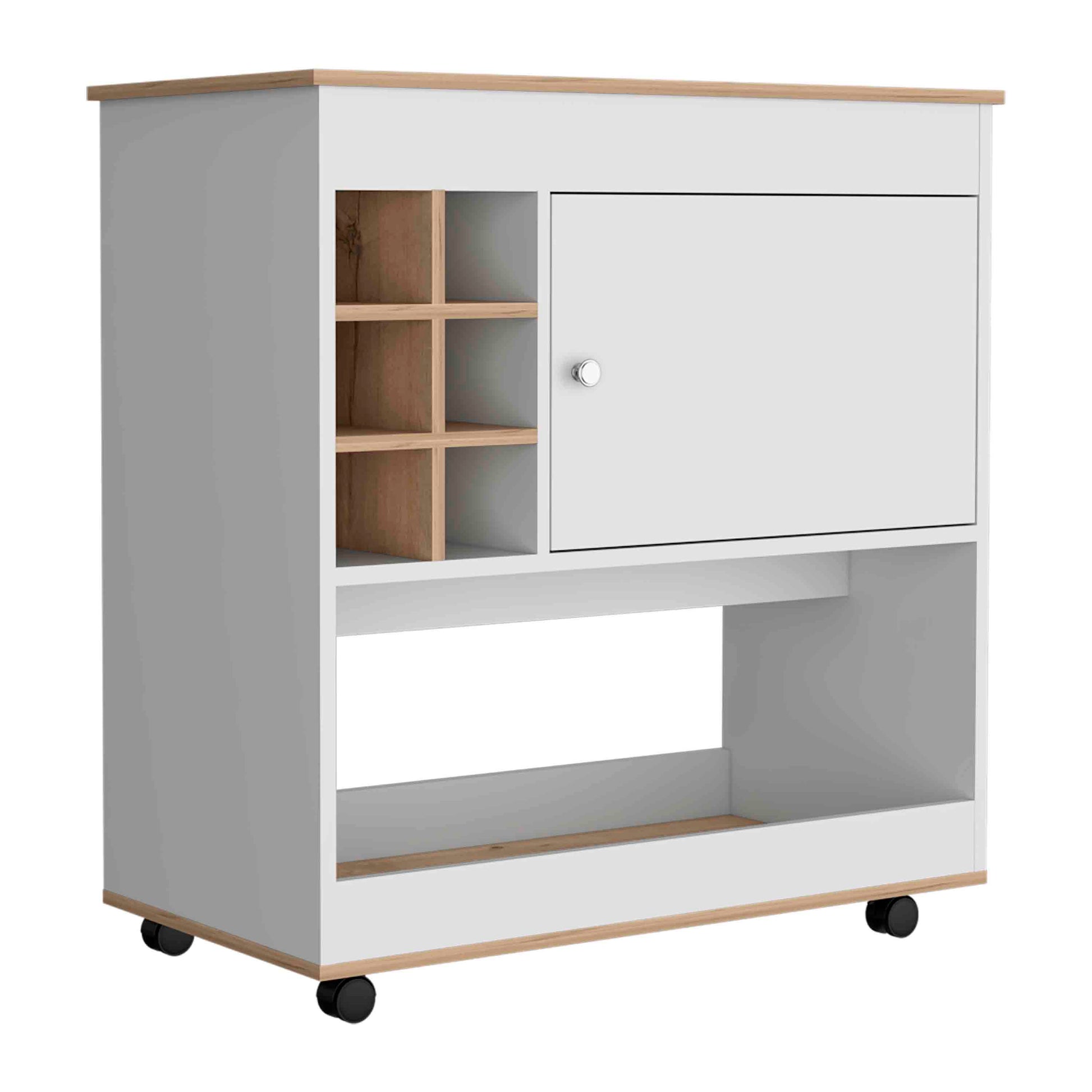 White bar cart with wine rack and open shelving