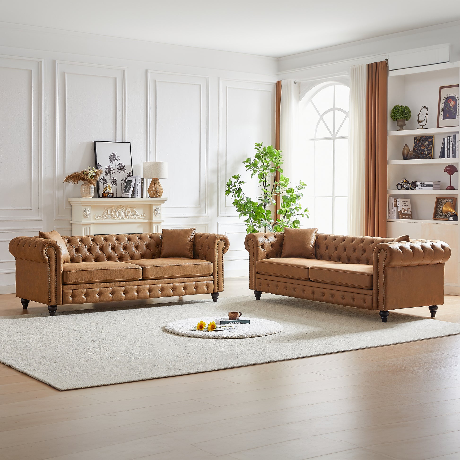 Tufted brown leather chesterfield sofa with dark wooden legs elegant living room style