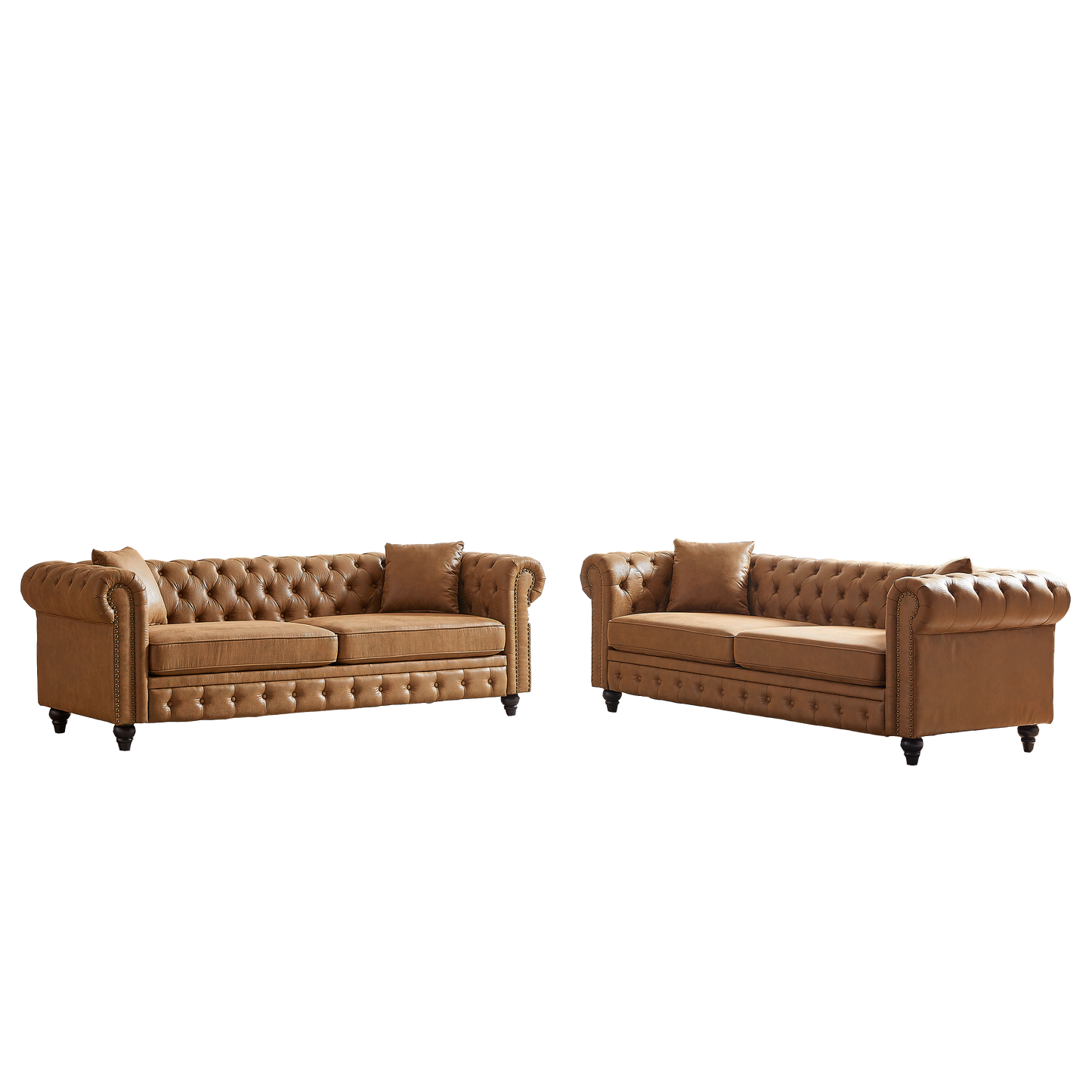 Tan leather chesterfield sofa with button tufting and rolled arms