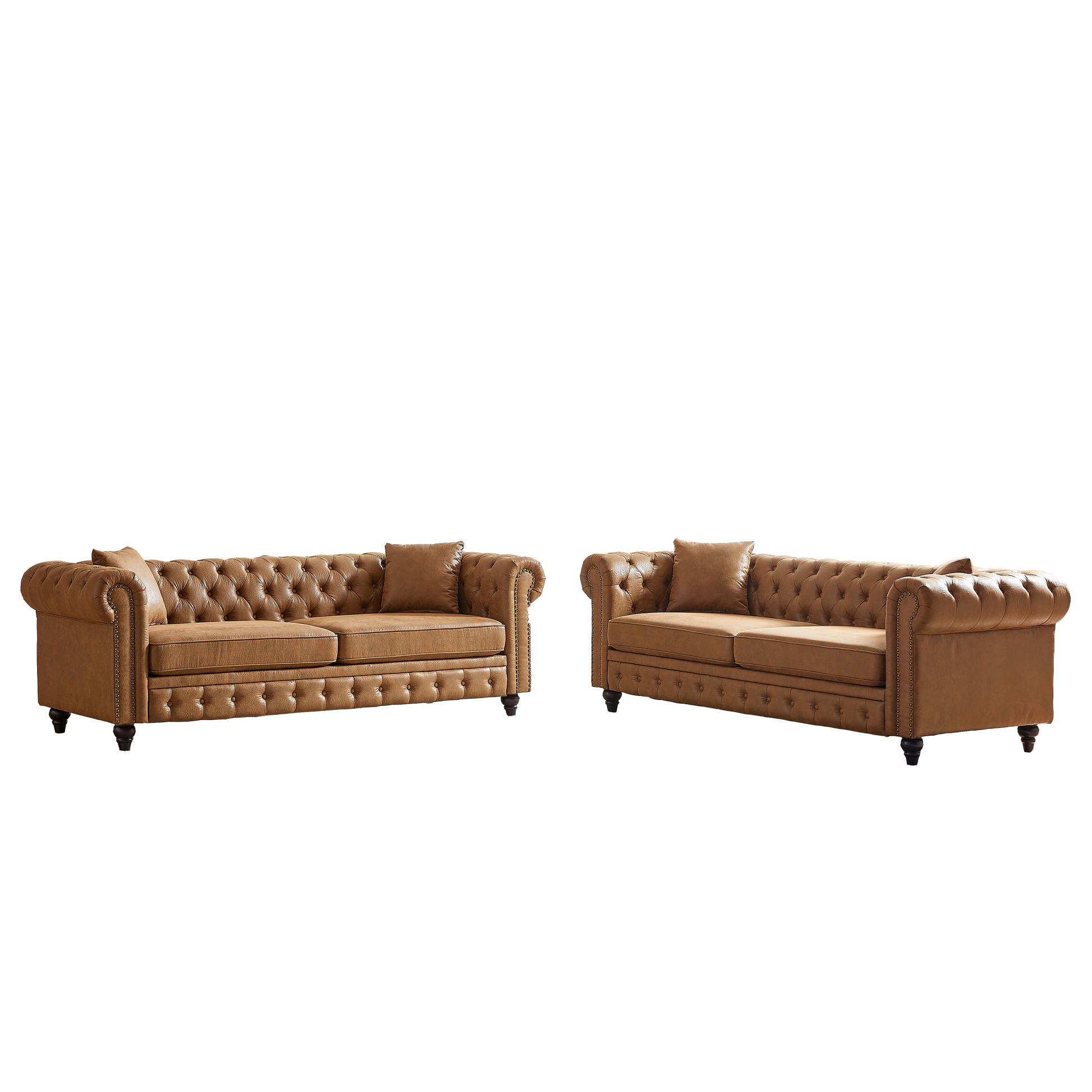 Tan leather chesterfield sofa with button tufting and rolled arms