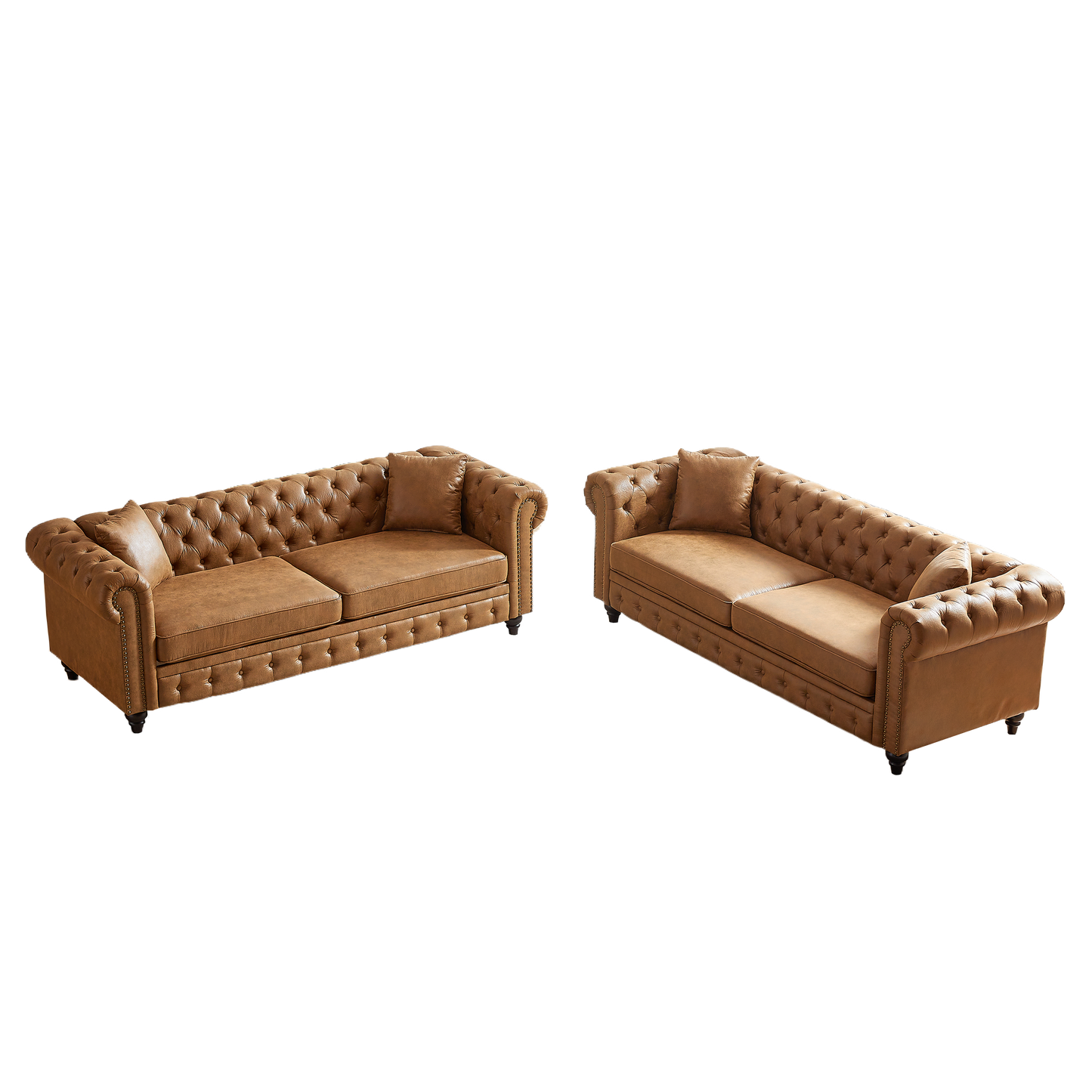 Tan faux leather Chesterfield sofa with deep tufting and nailhead trim