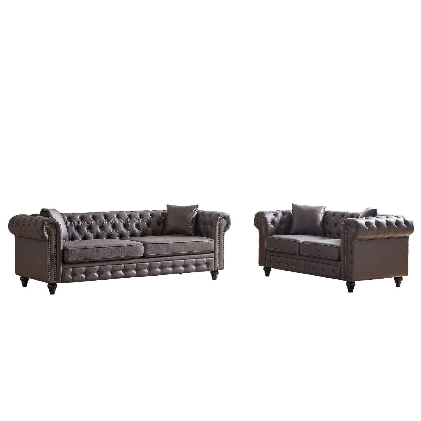 Dark grey faux leather tufted chesterfield sofa with nailhead trim