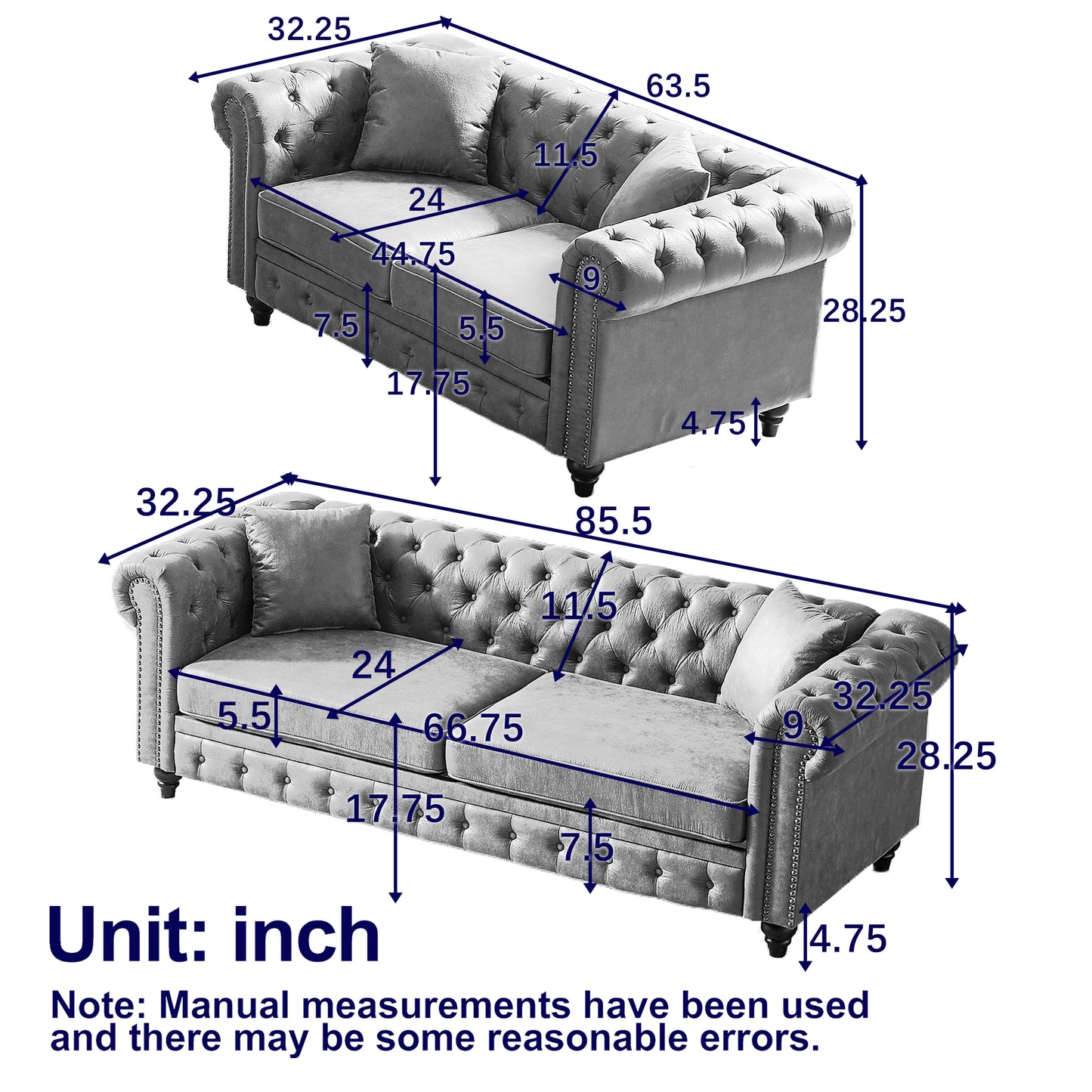 Gray velvet chesterfield sofa with tufted back and studded arms  long