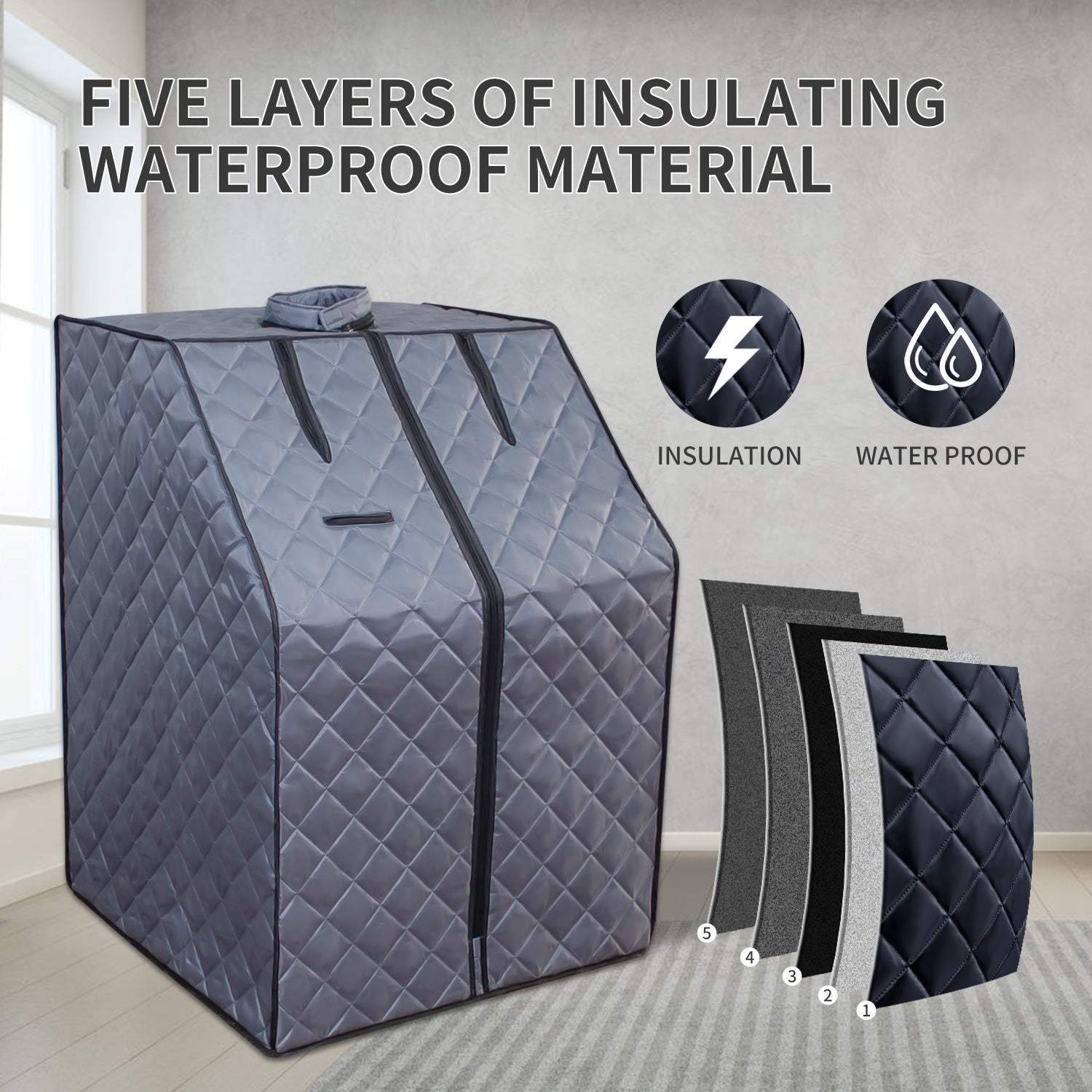Gray quilted portable sauna tent with five insulating layers shown