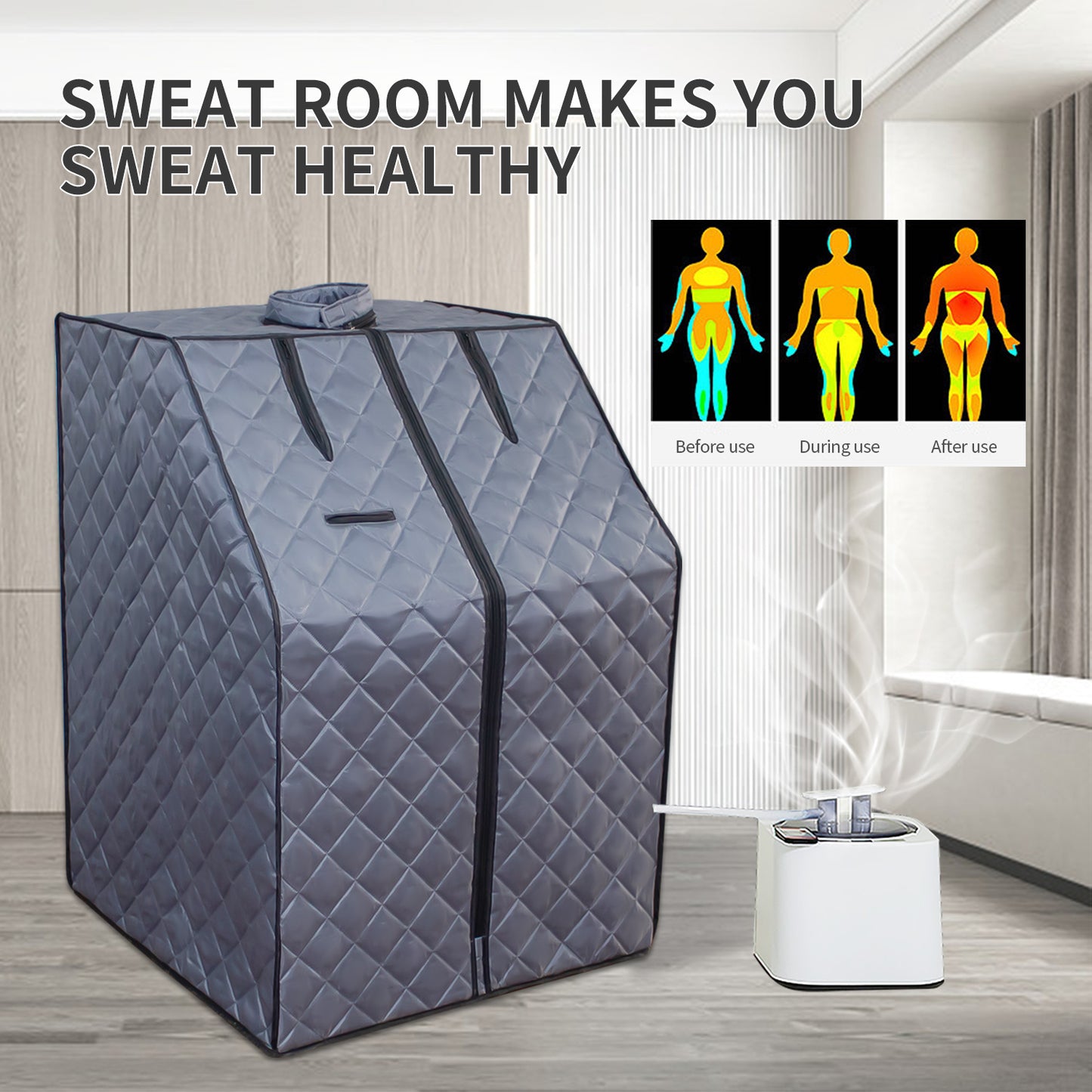 Gray quilted portable steam sauna tent with front zipper and heating unit emitting steam